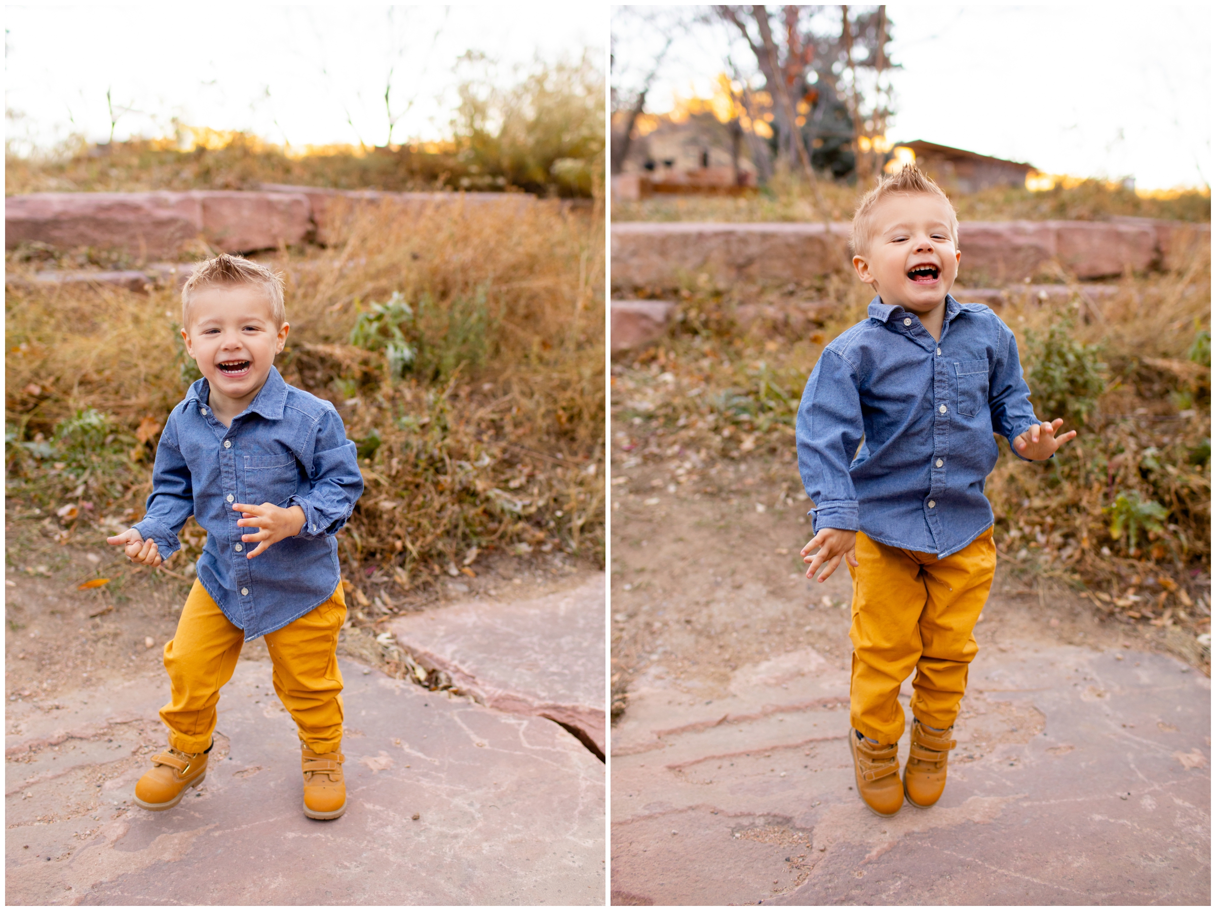 little boy jumping during candid family photos in Lyons Colorado