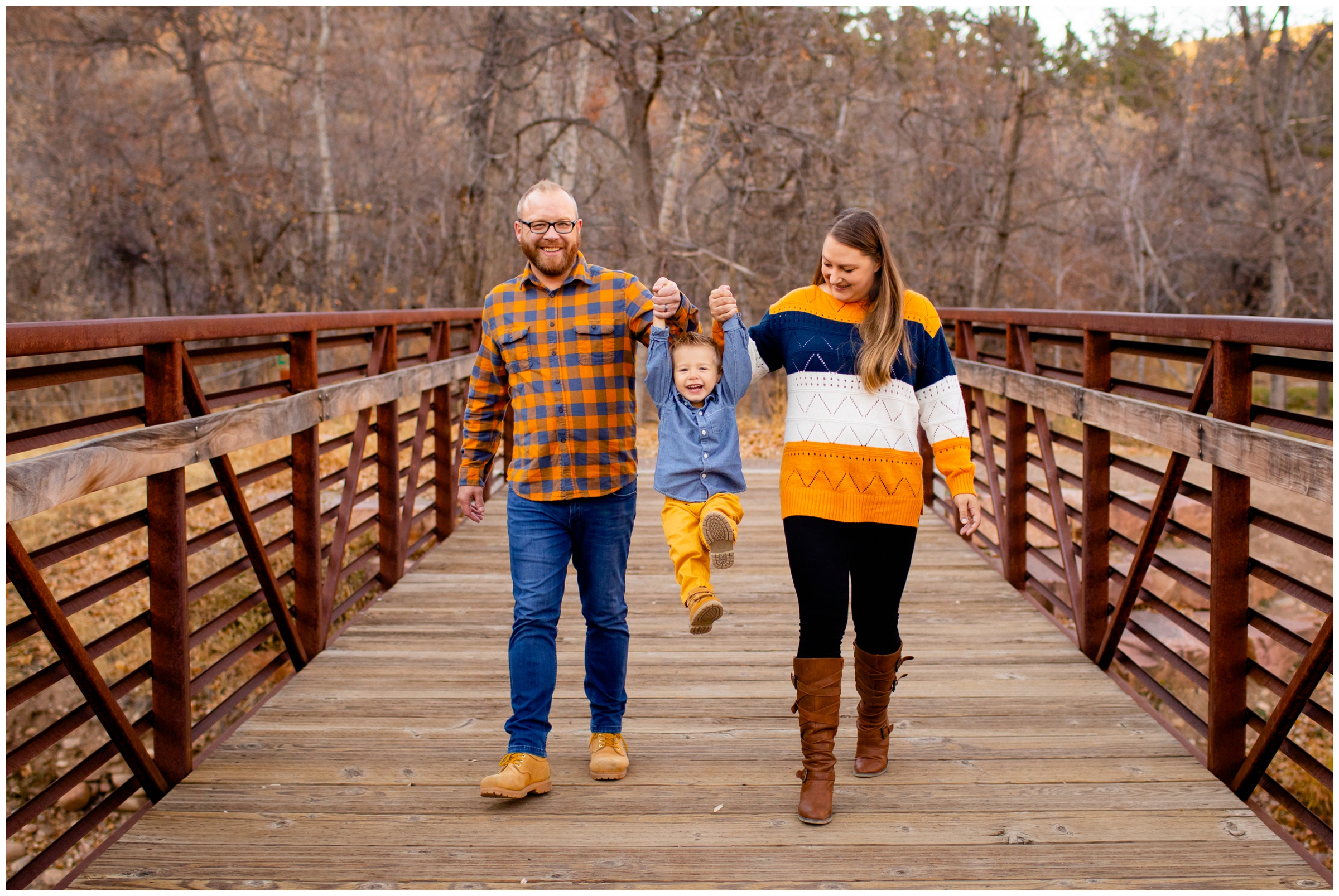 family walking on a bridge during candid family photos in Lyons Colorado