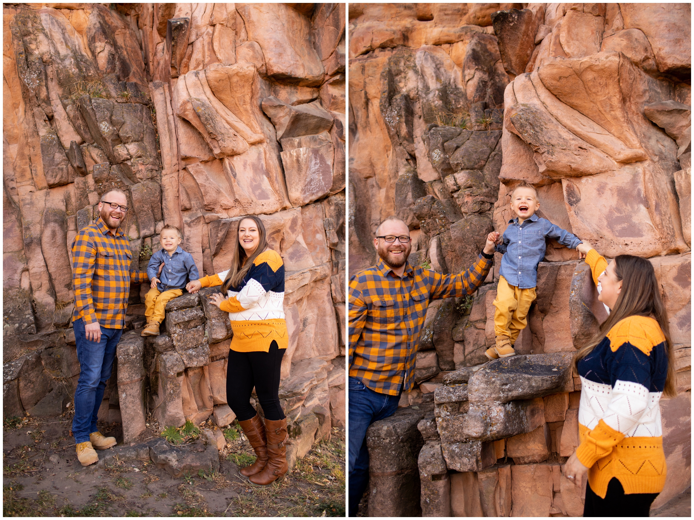 family posing on rock formations during Colorado fall family mini session in Lyons