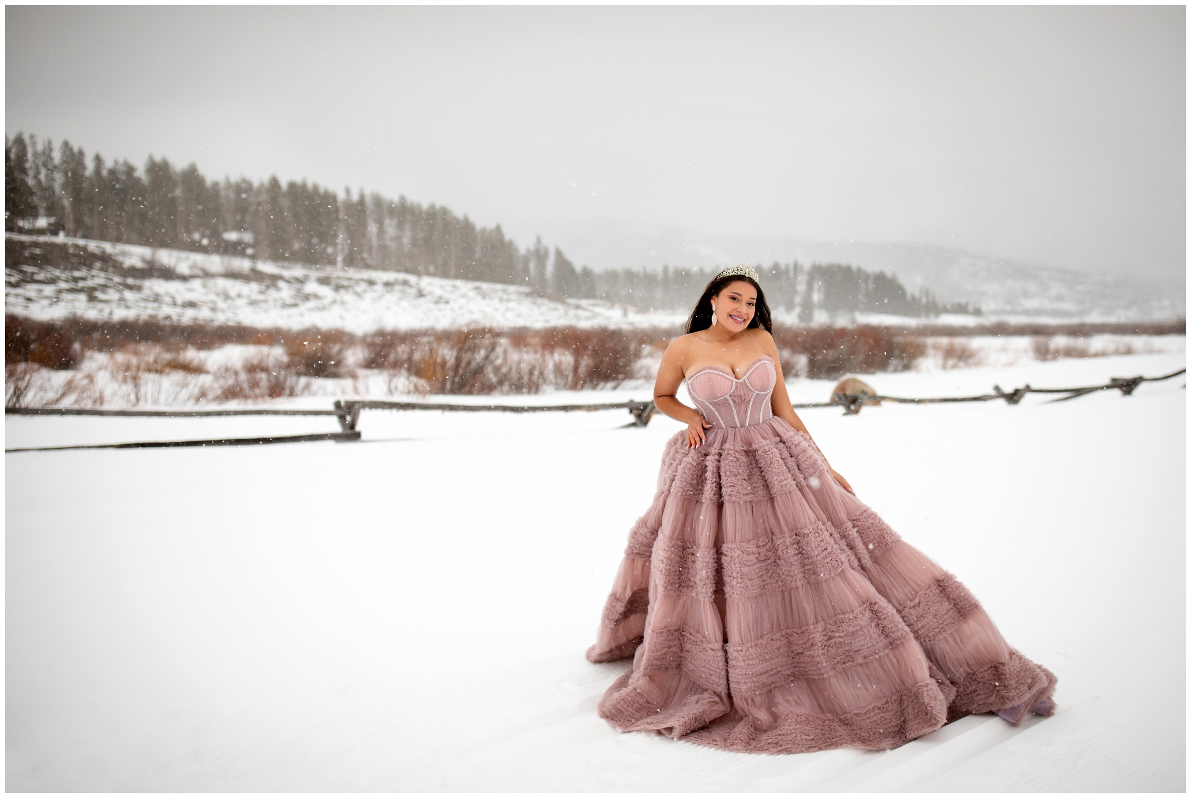 Snowy Colorado quinceañera photoshoot at Devil's Thumb Ranch by Winter Park photographer Plum Pretty Photography