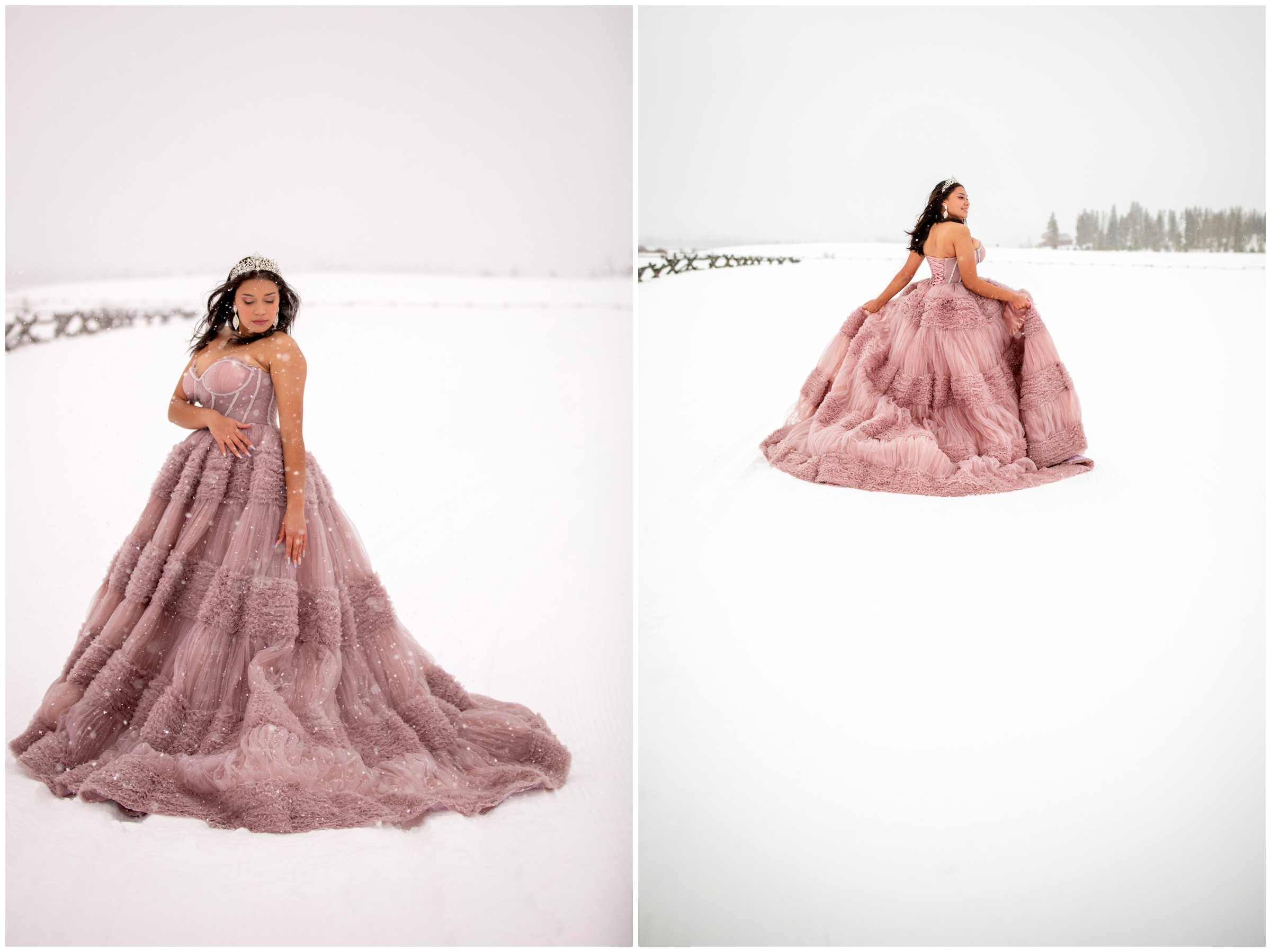 teen walking through the snow in a ballgown during Colorado quinceañera photoshoot at Devil's Thumb Ranch by Winter Park photographer Plum Pretty Photography