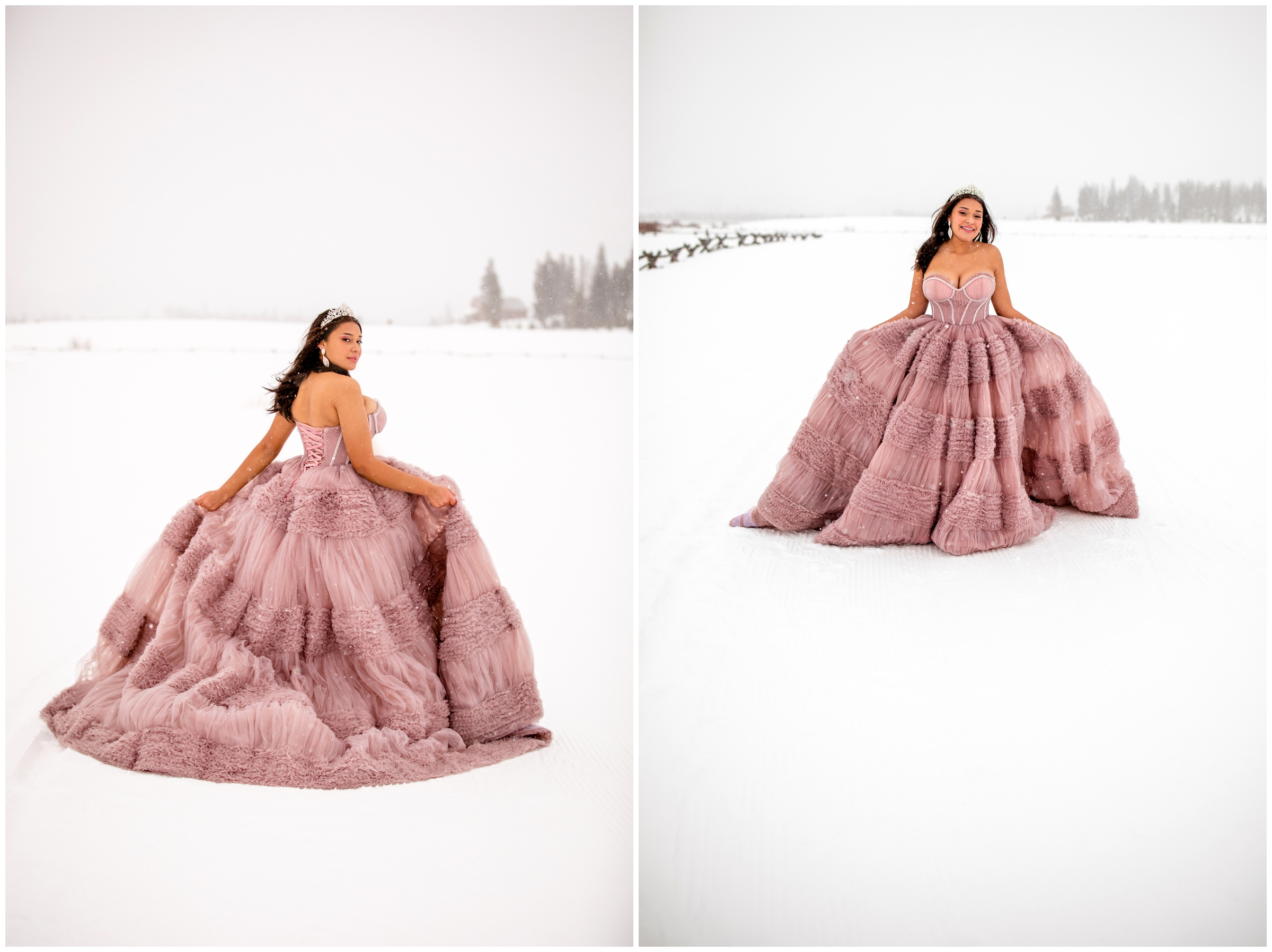 teen girl walking through snow in prom dress during winter senior pictures in the Colorado mountains 