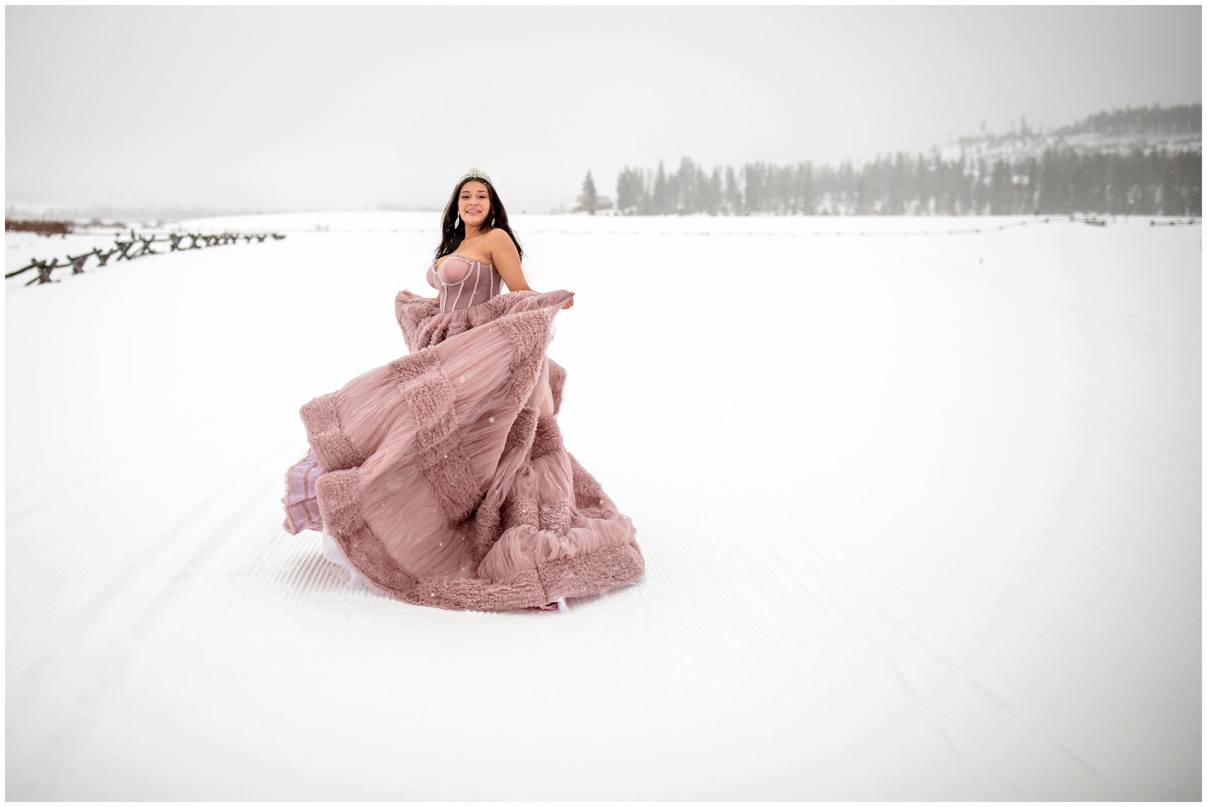 Snowy Colorado quinceañera photoshoot at Devil's Thumb Ranch by Winter Park photographer Plum Pretty Photography