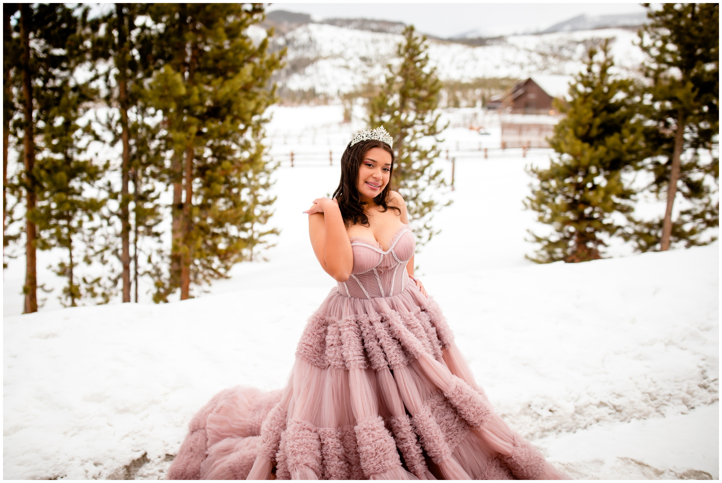 snowy Colorado quinceañera photoshoot in the CO mountains during winter