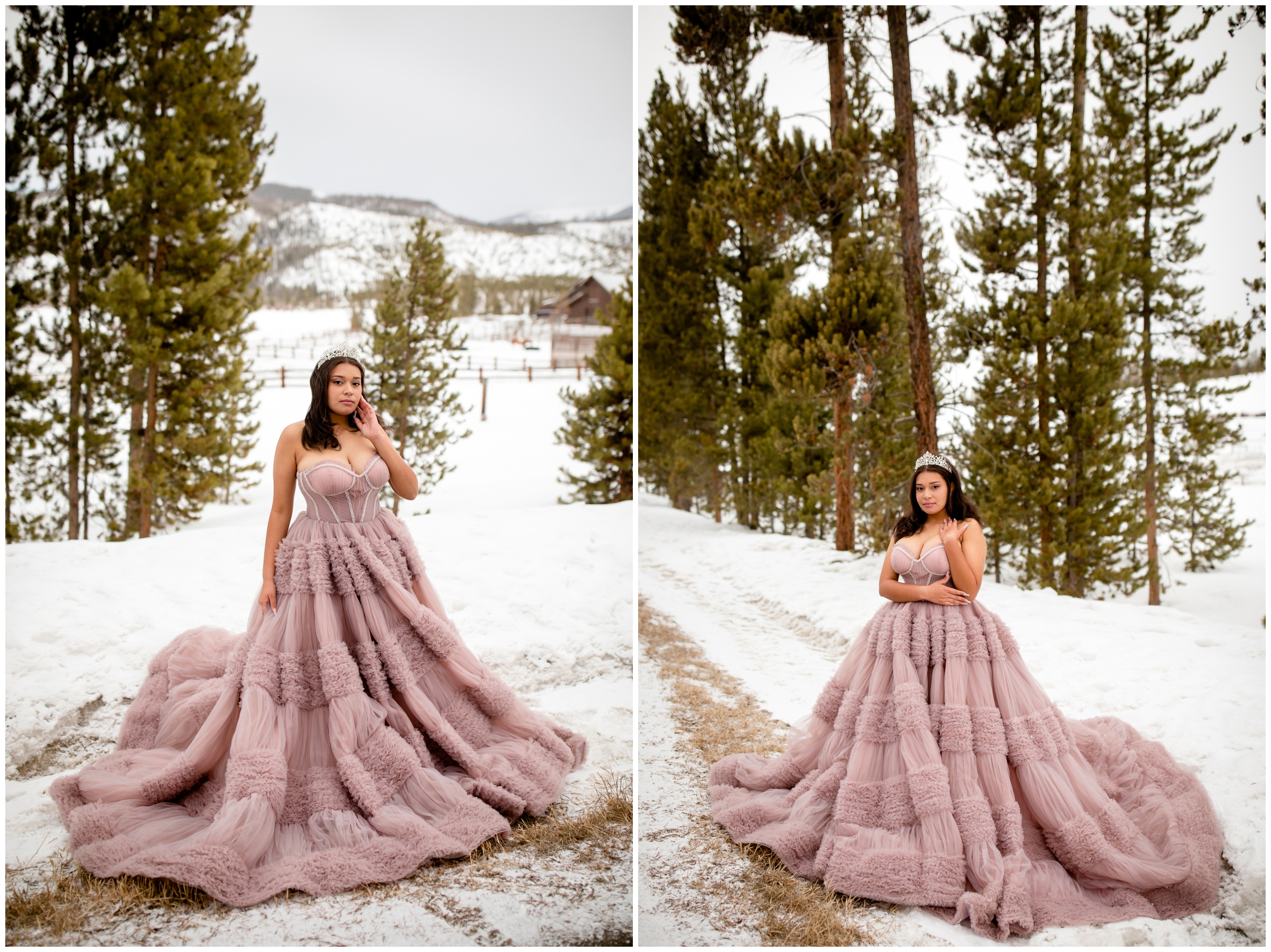 Snowy Colorado quinceañera photoshoot at Devil's Thumb Ranch by Winter Park photographer Plum Pretty Photography