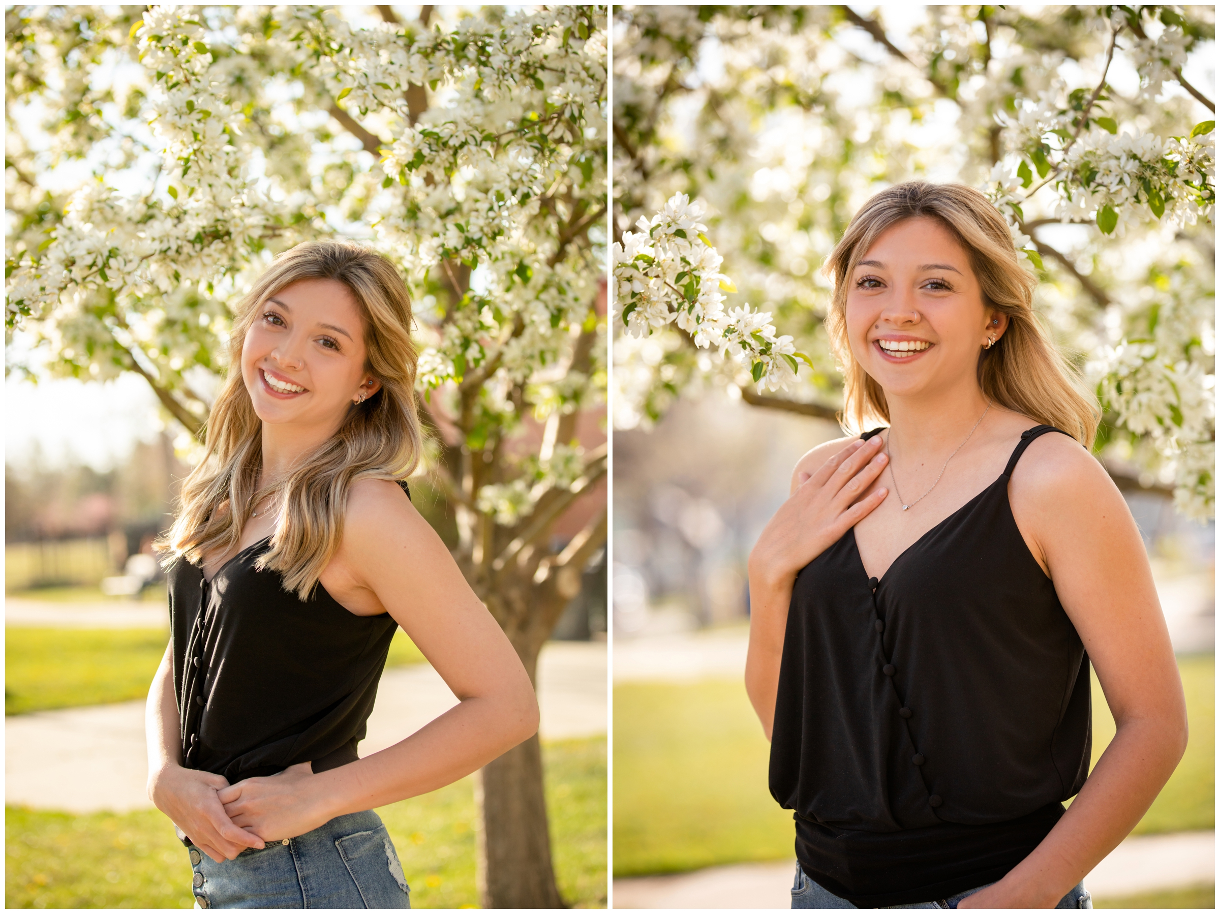 teen posing against blossoming crabapple trees during spring senior photos in Longmont Colorado 