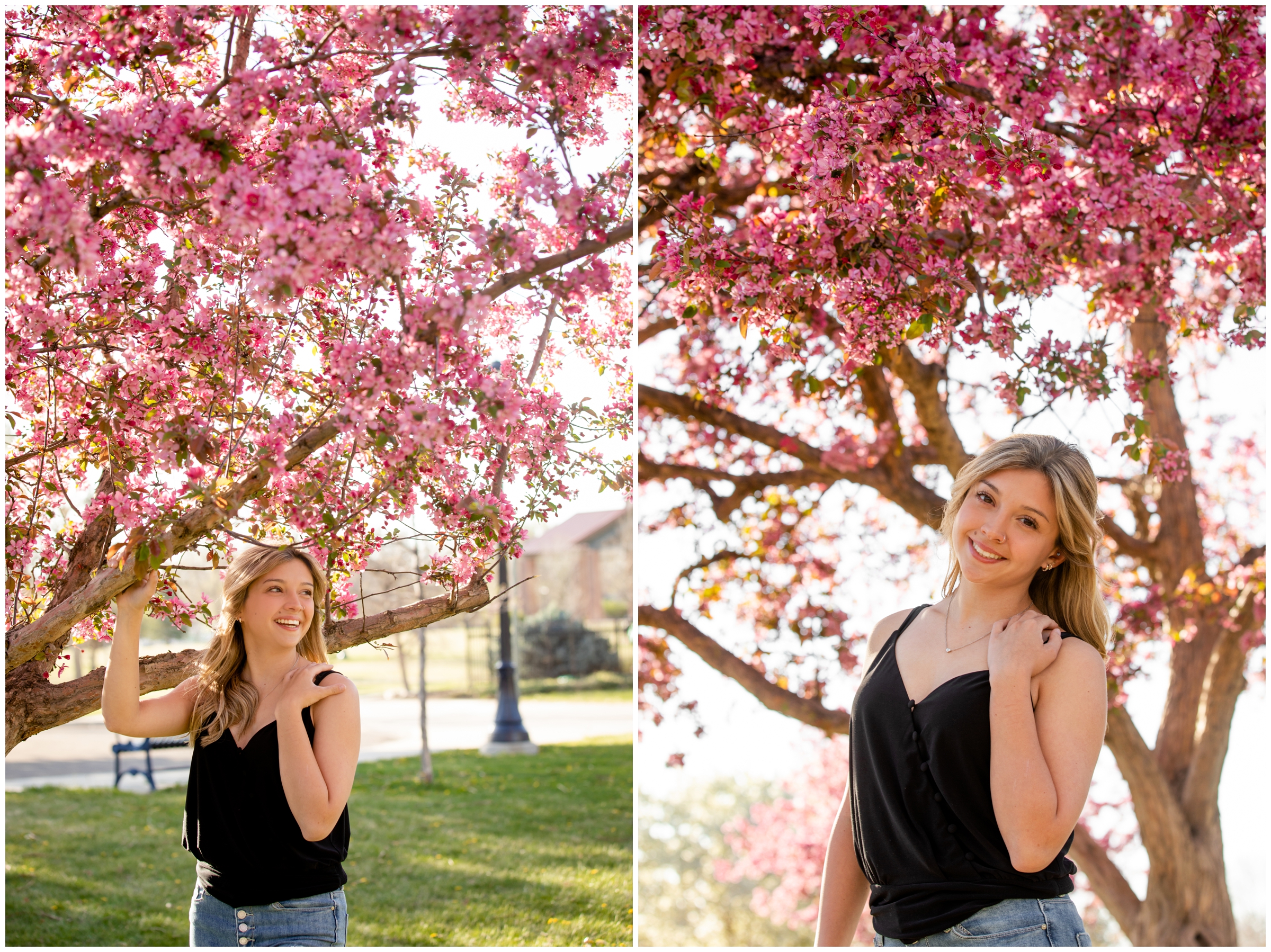 teen girl posing with pink cherry blossoms during spring senior portraits in Colorado 