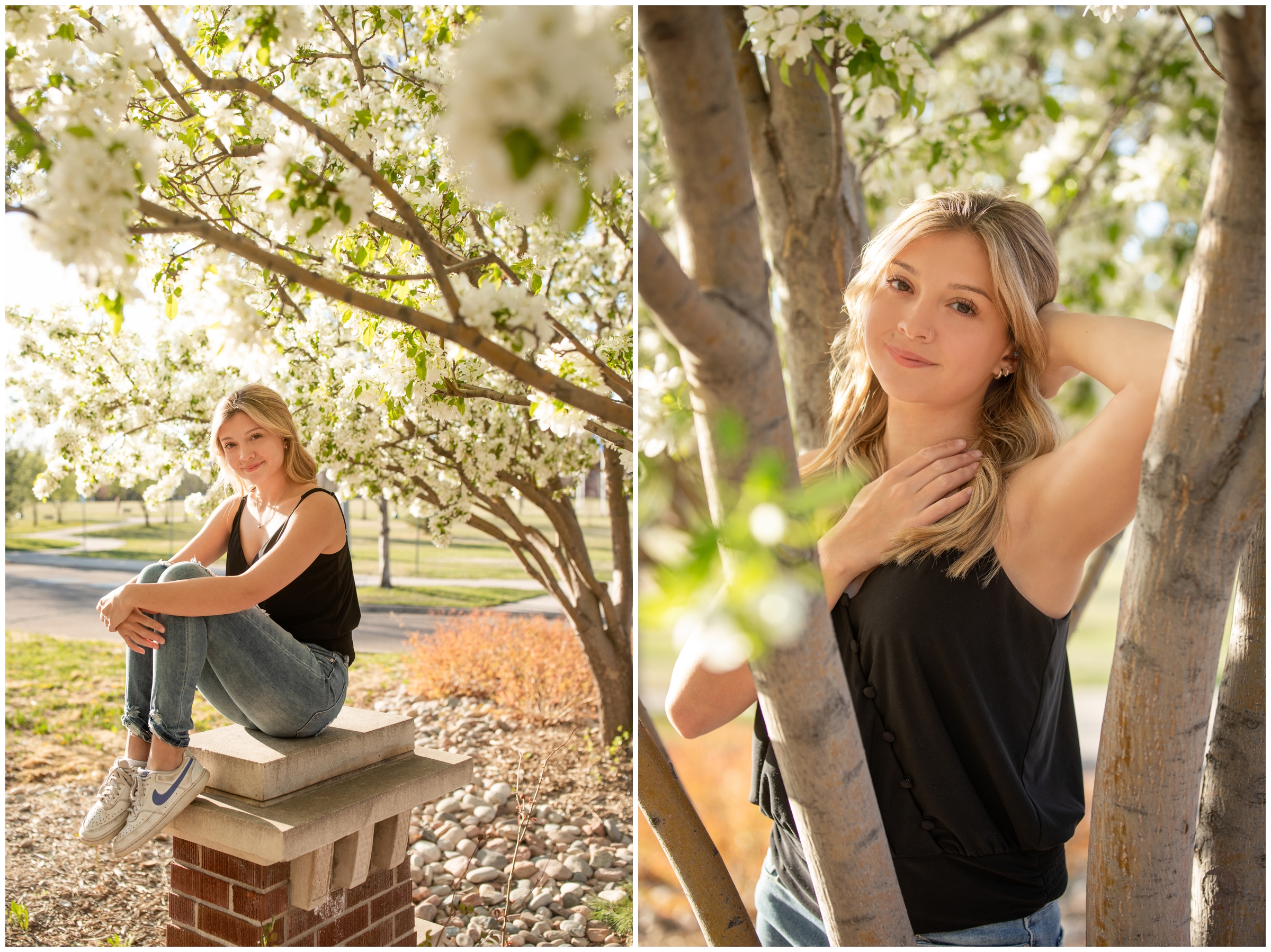 teen girl leaning against blossoming crabapple tree during spring senior photos in Longmont 