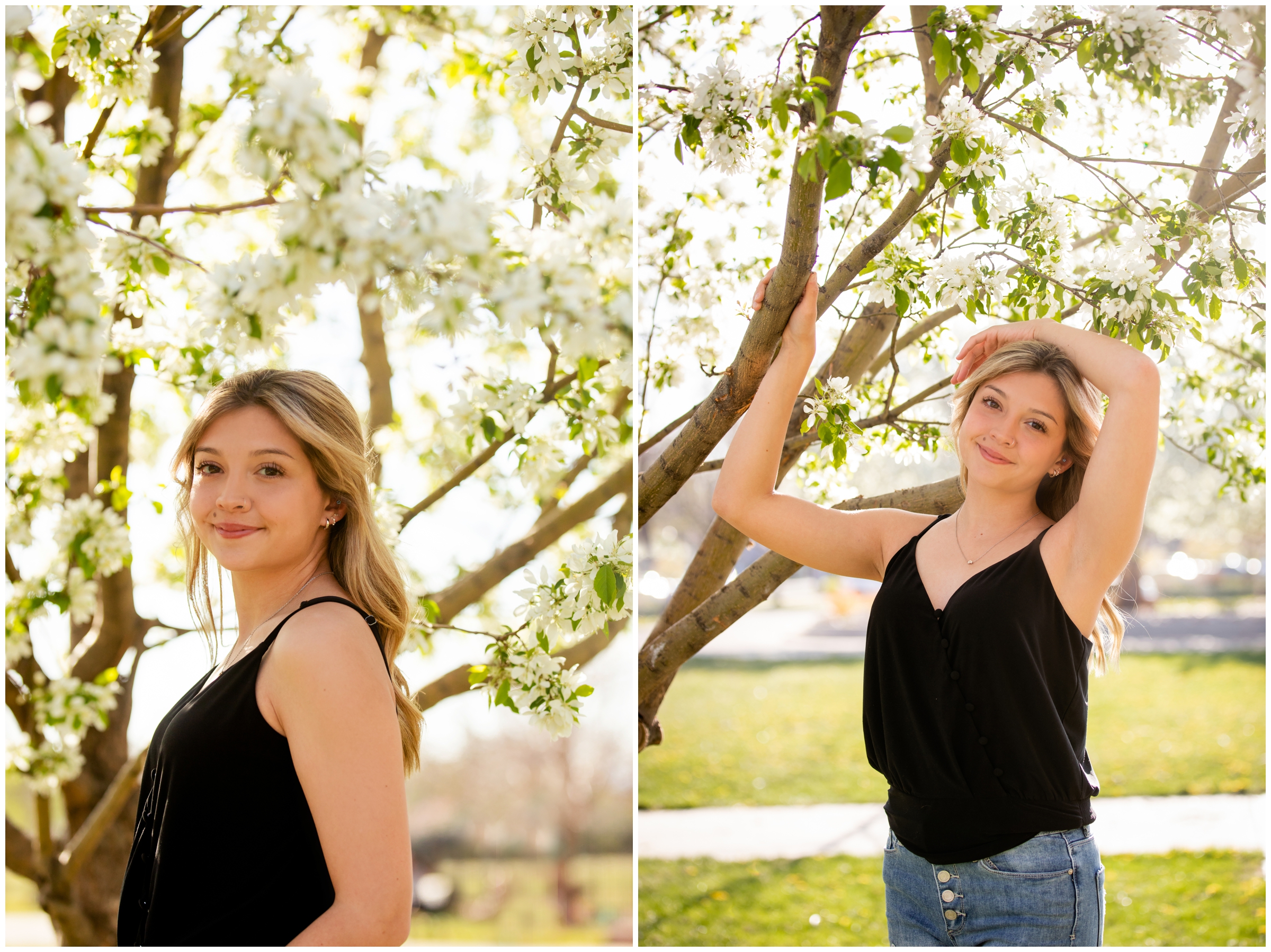 teen posing with blossoming crabapple trees during Longmont Colorado senior portraits 