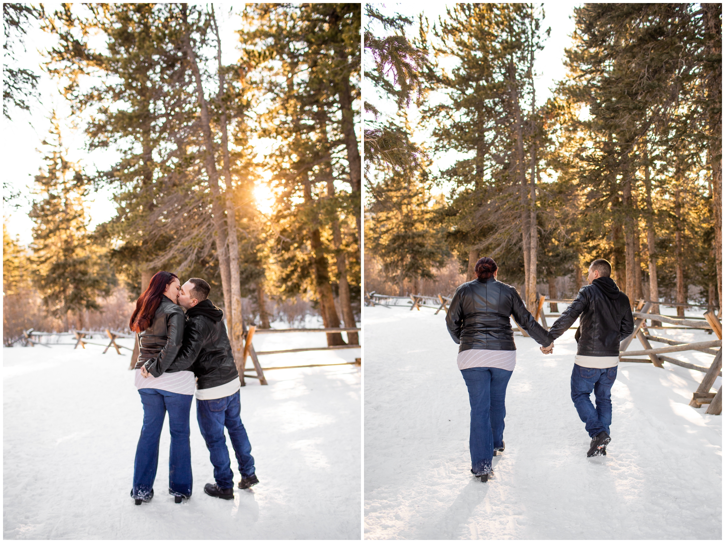 couple holding hands and walking in the snow in the CO mountains