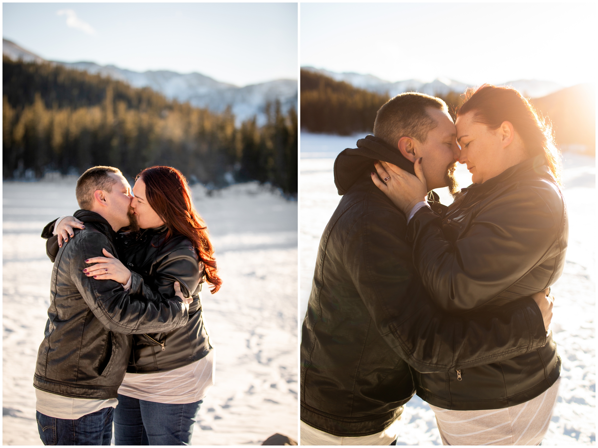 couple in black leather jackets cuddling in the snow during Colorado winter engagement pictures