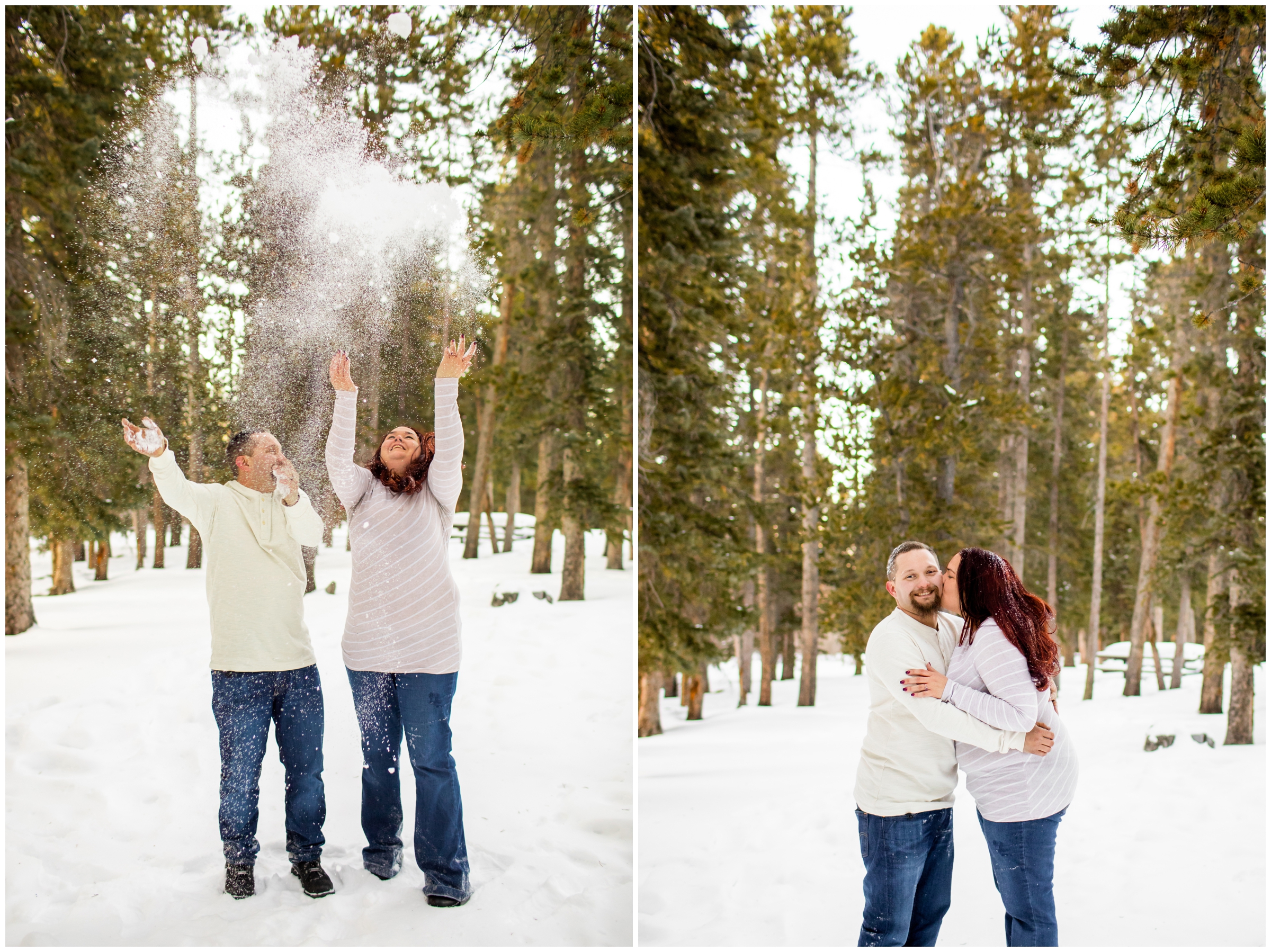 couple throwing snow into the air during winter engagement pictures at Echo Lake Colorado 