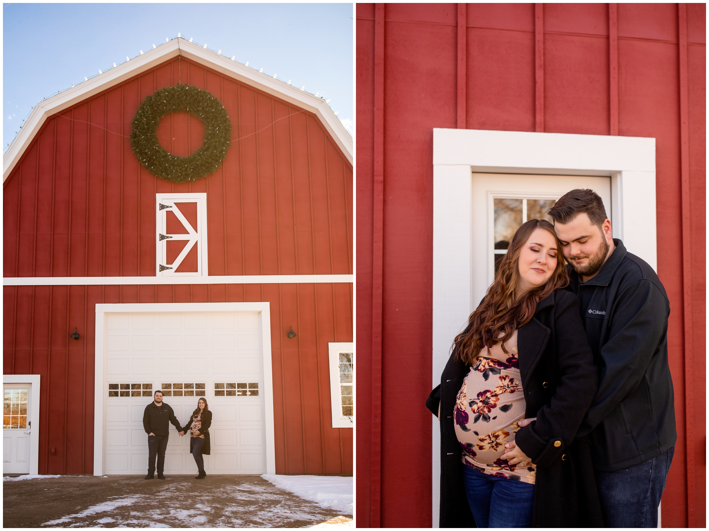 couple holding hands in front of red barn during Colorado maternity photography session at Hudson Gardens