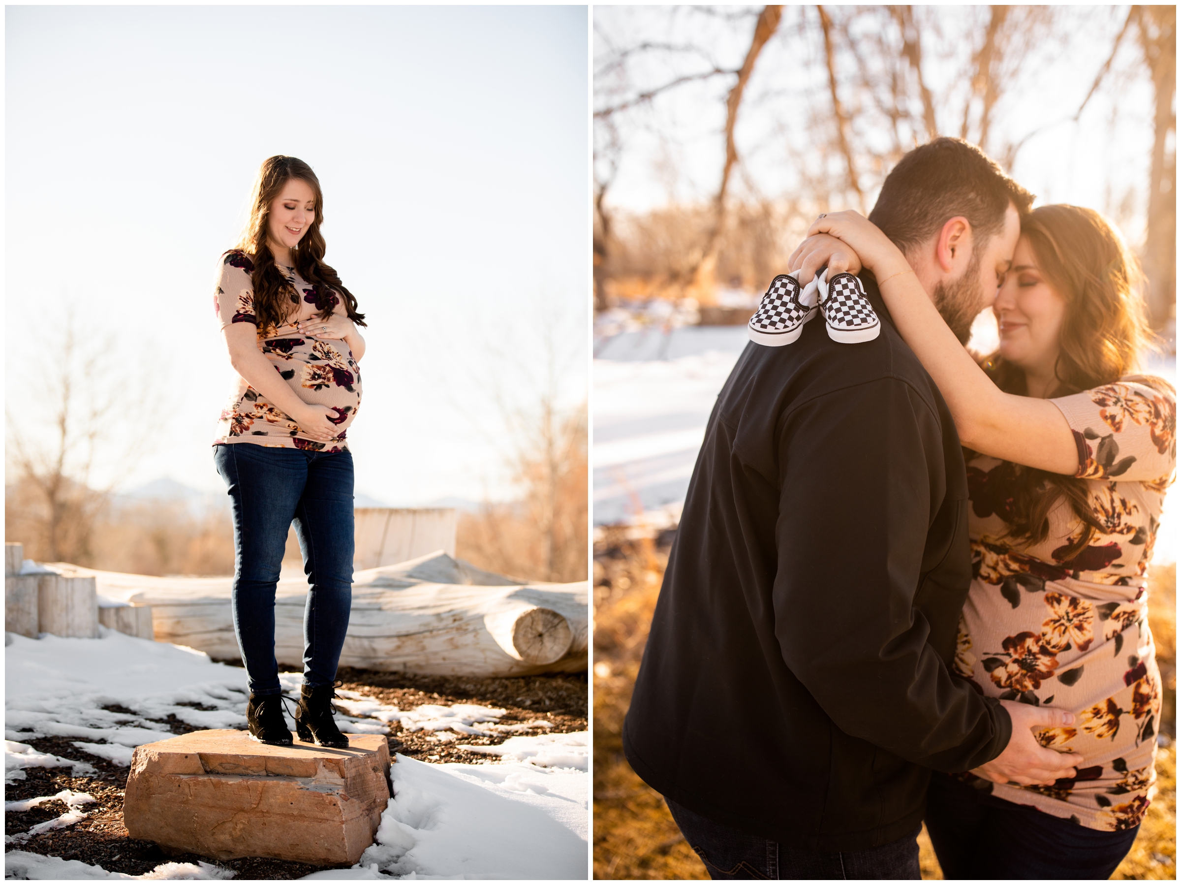 couple posing with baby shoe props during Denver pregnancy portrait session 