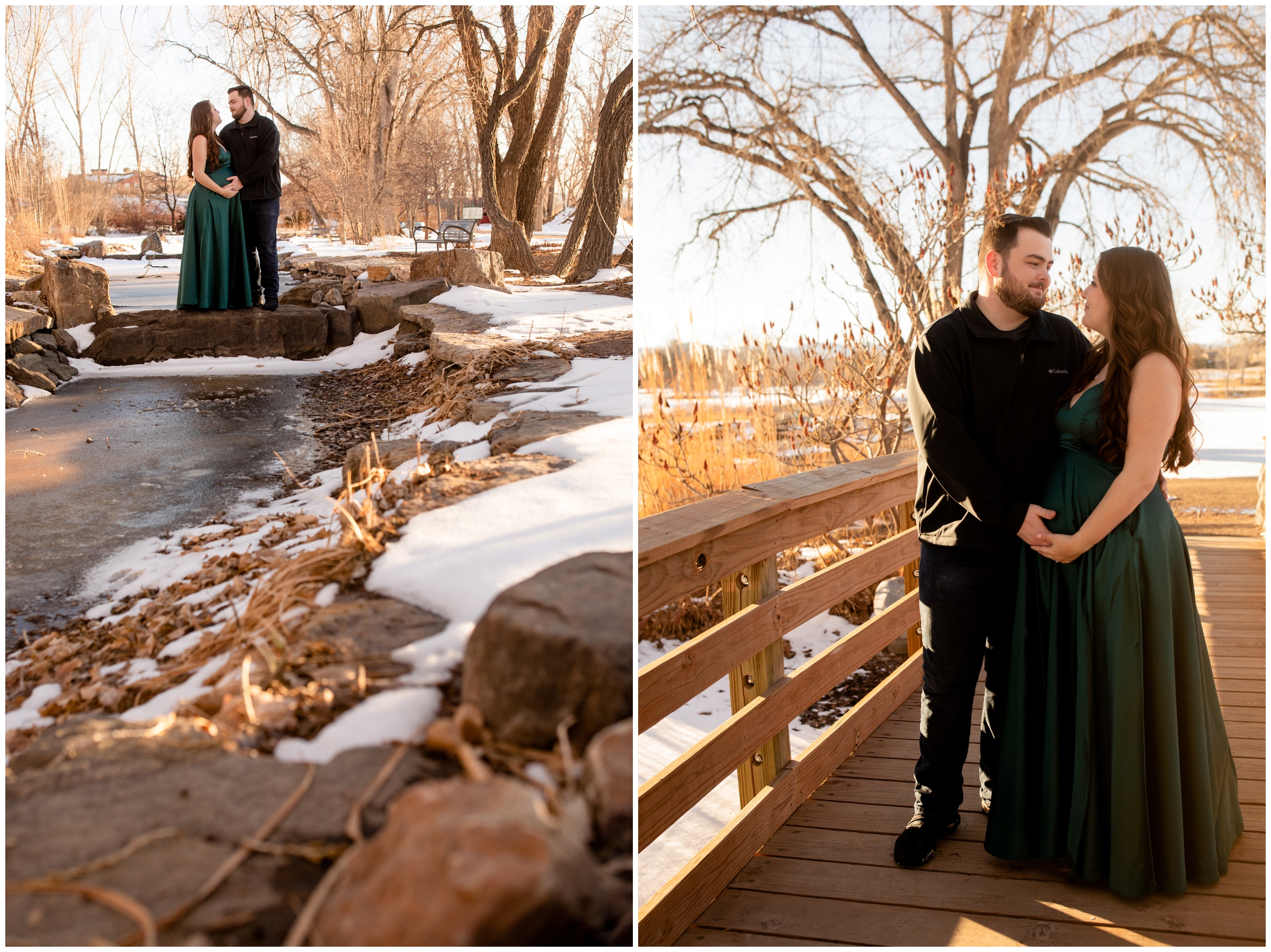 Colorado winter maternity pictures at Hudson Gardens in the snow by Denver portrait photographer Plum Pretty Photography