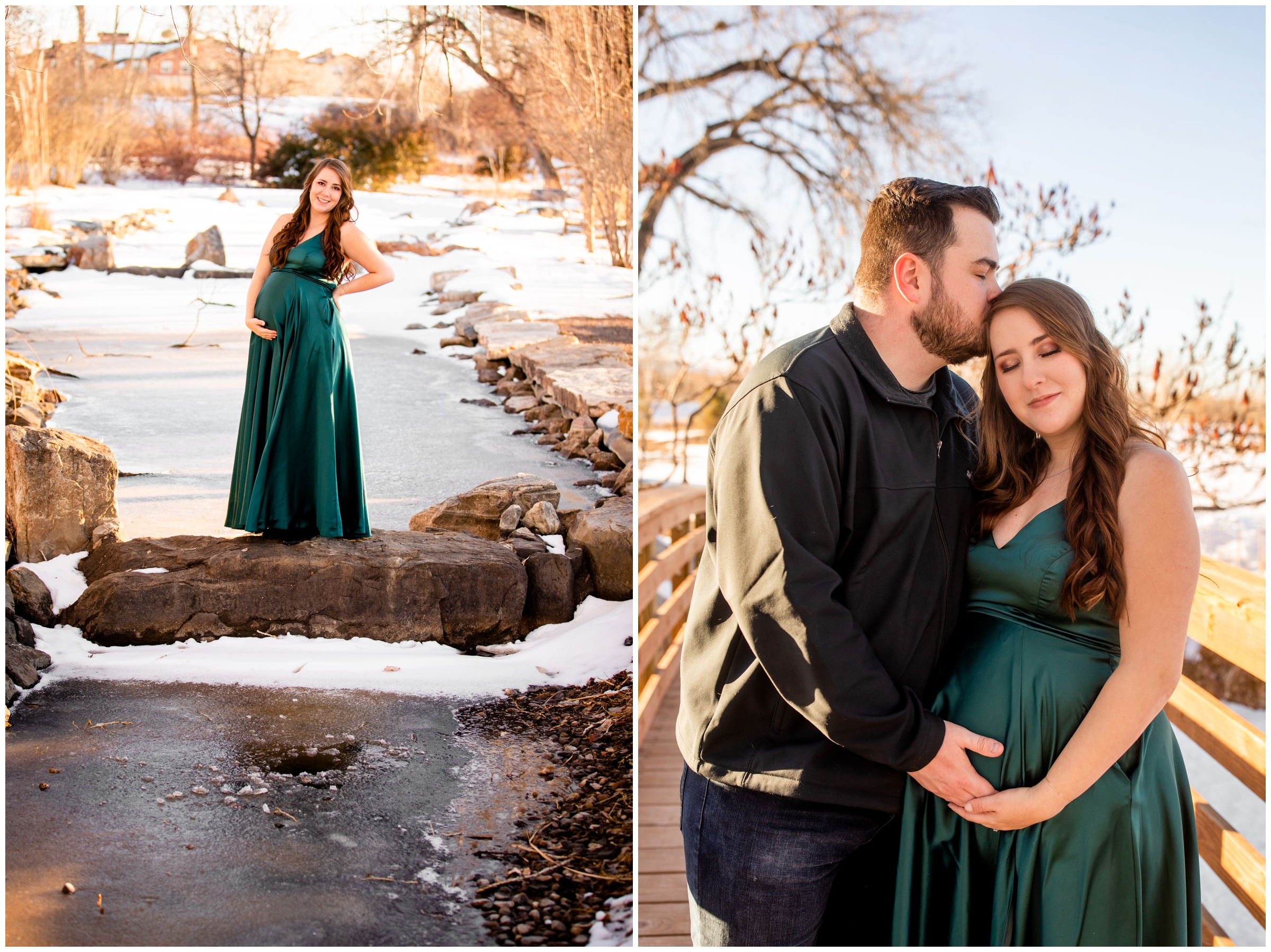 woman in green maternity dress posing next to frozen stream at Hudson Gardens during Denver maternity photos