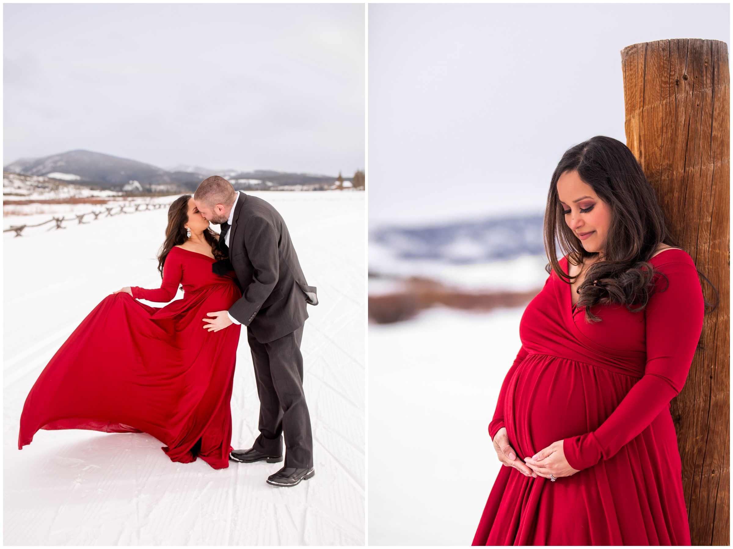 woman in red maternity dress posing in the snowy Colorado mountains during Winter Park pregnancy photo shoot