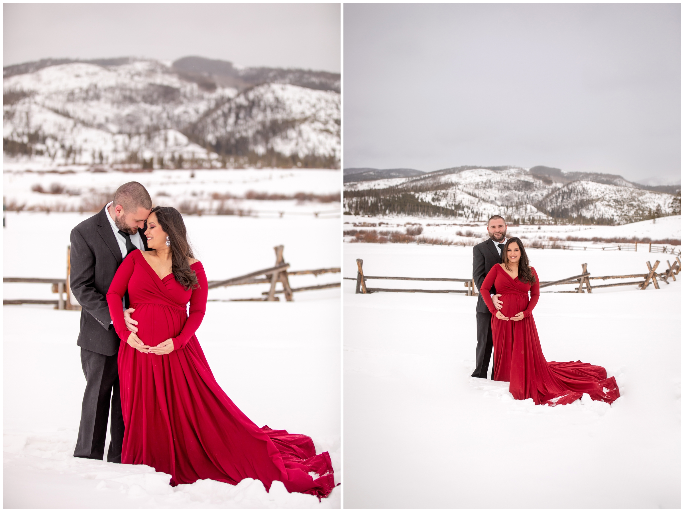 snowy Colorado winter maternity portraits at Devil's Thumb Ranch by Winter Park photographer Plum Pretty Photography