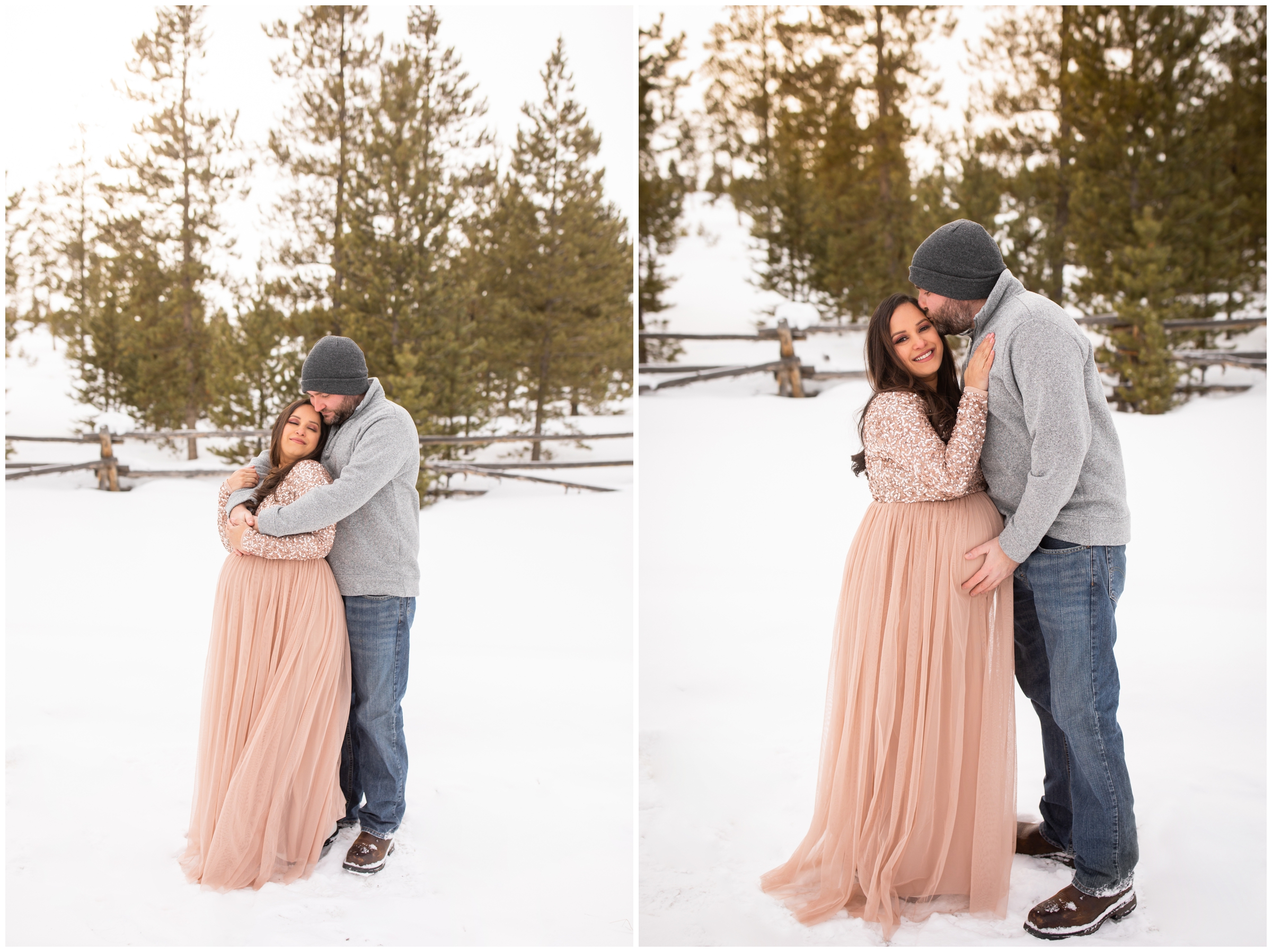forest maternity pictures in the snowy Colorado mountains during winter