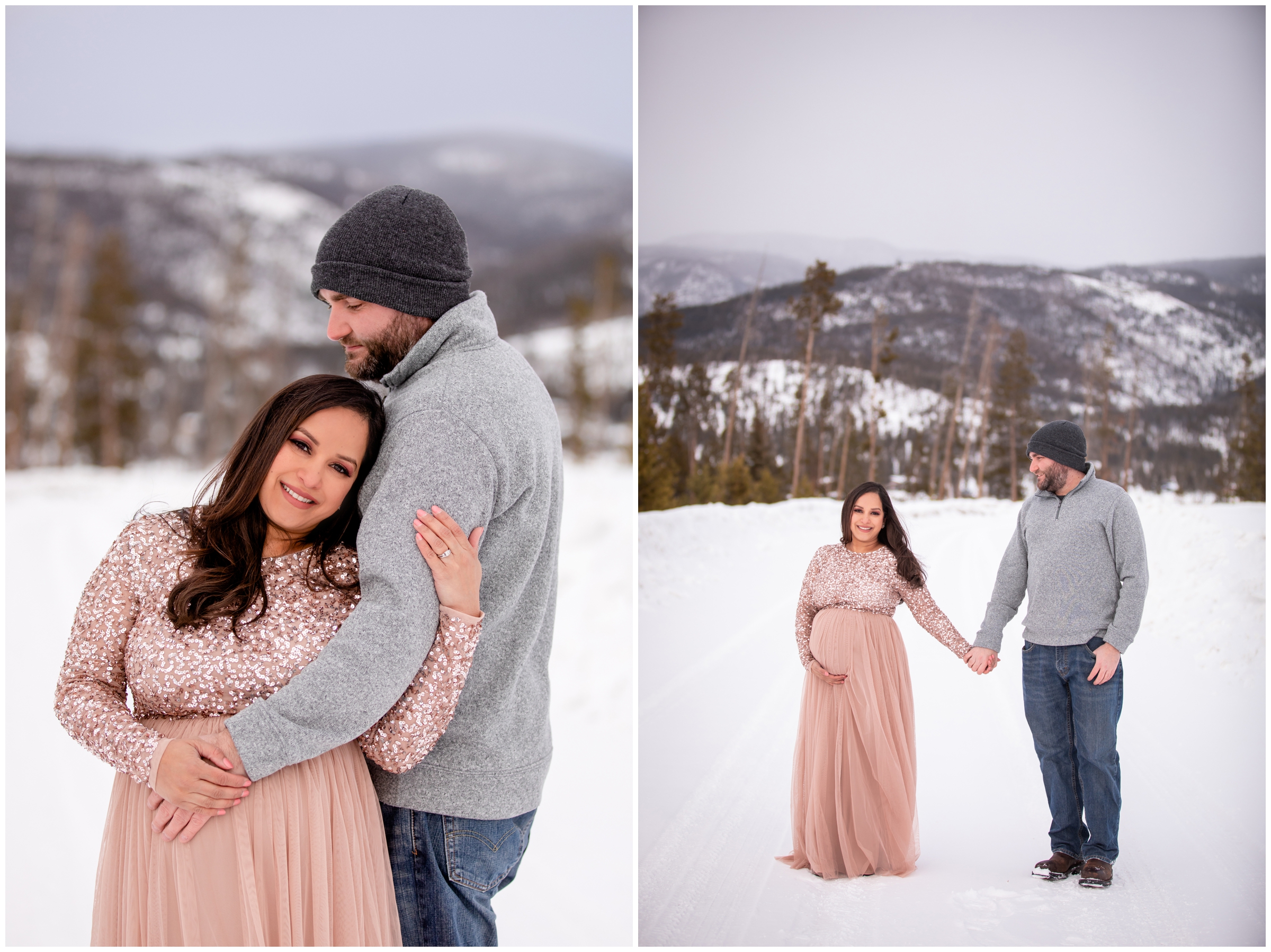 pregnant woman in sparkly pink dress posing in the snow during Winter Park CO photography session