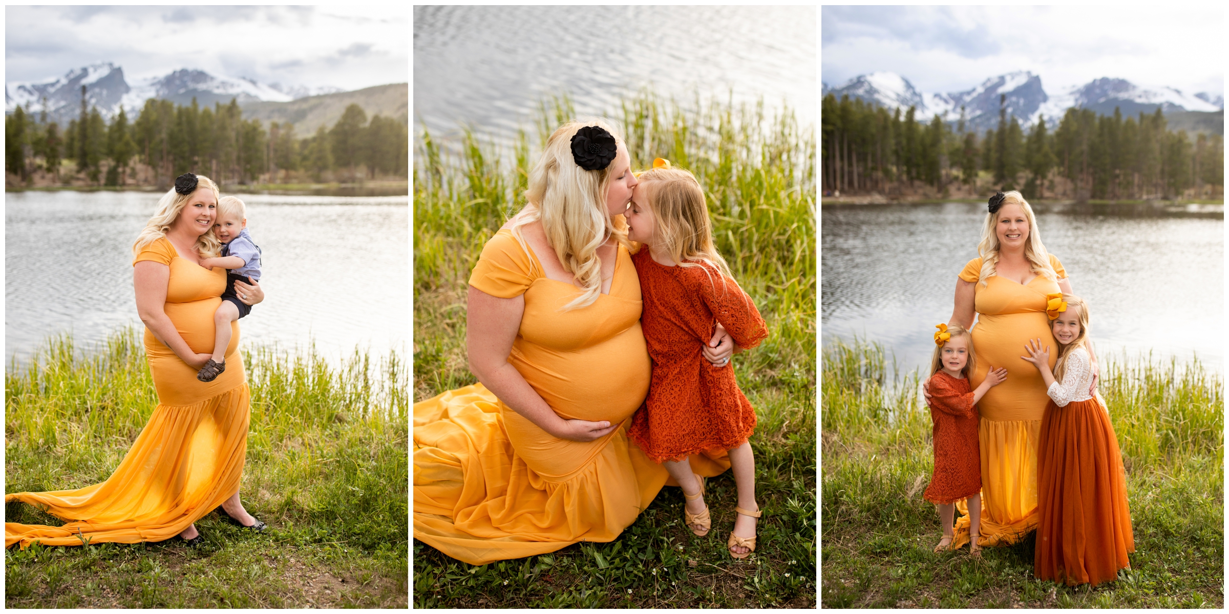 pregnant mom and kids posing for family maternity portraits in Estes Park Colorado 