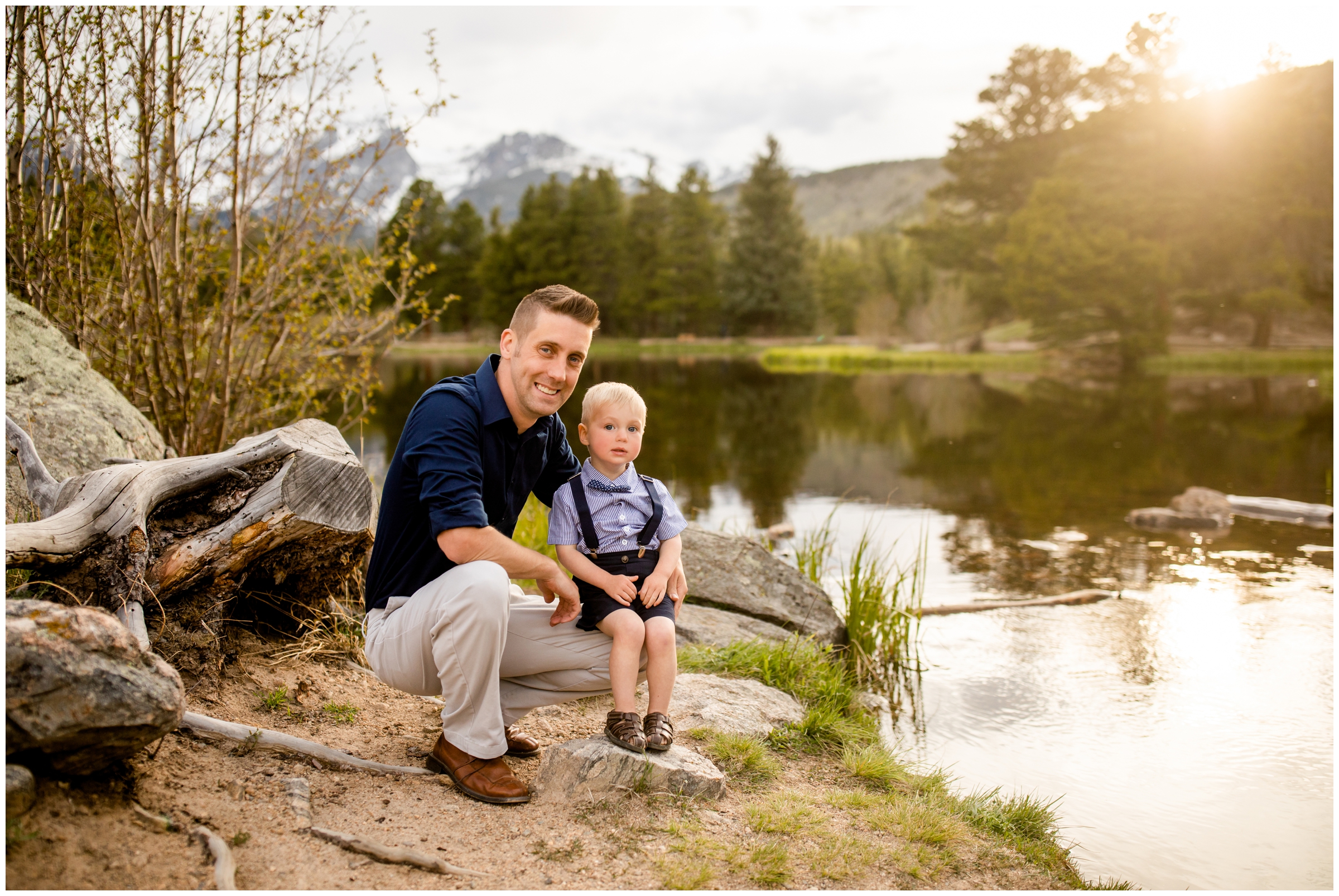 father and son posing by lake during spring Estes Park family photos