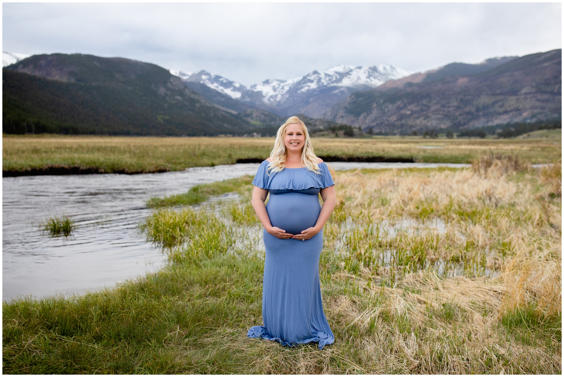 pregnant woman posing next to the river during spring maternity photography session in Estes Park CO