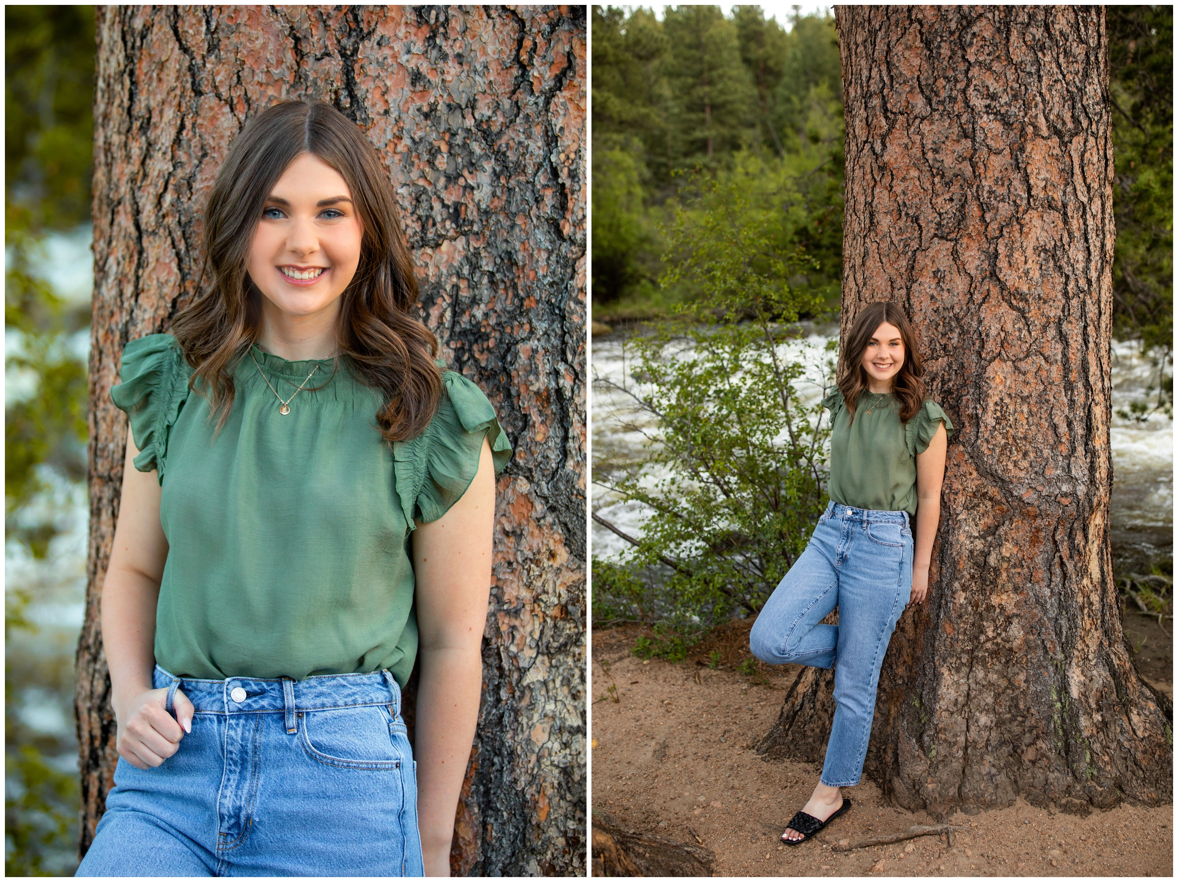 teen leaning against a tree in Rocky Mountain National Park during Estes Park Colorado senior photos