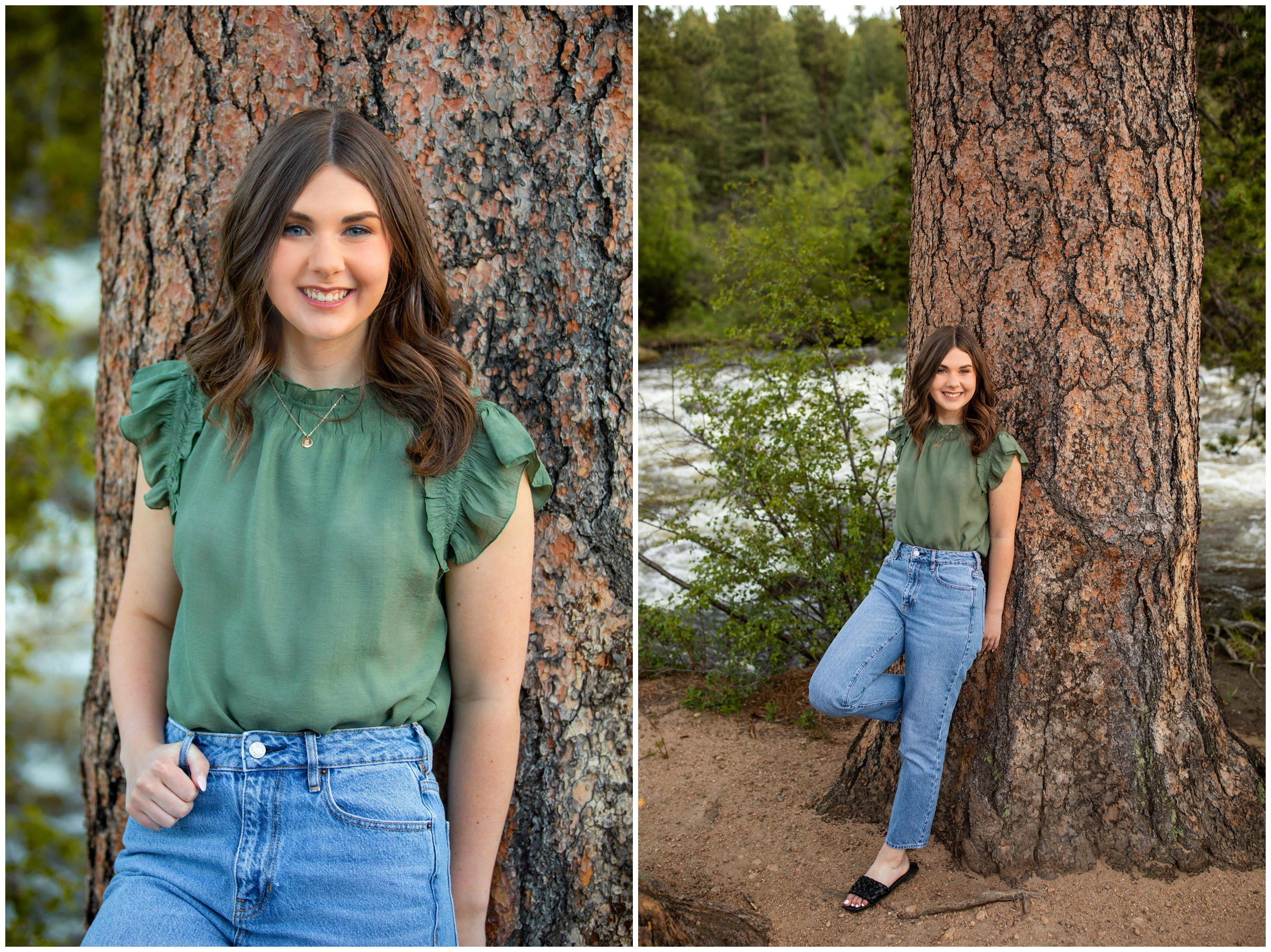 teen leaning against a tree in Rocky Mountain National Park during Estes Park Colorado senior photos 