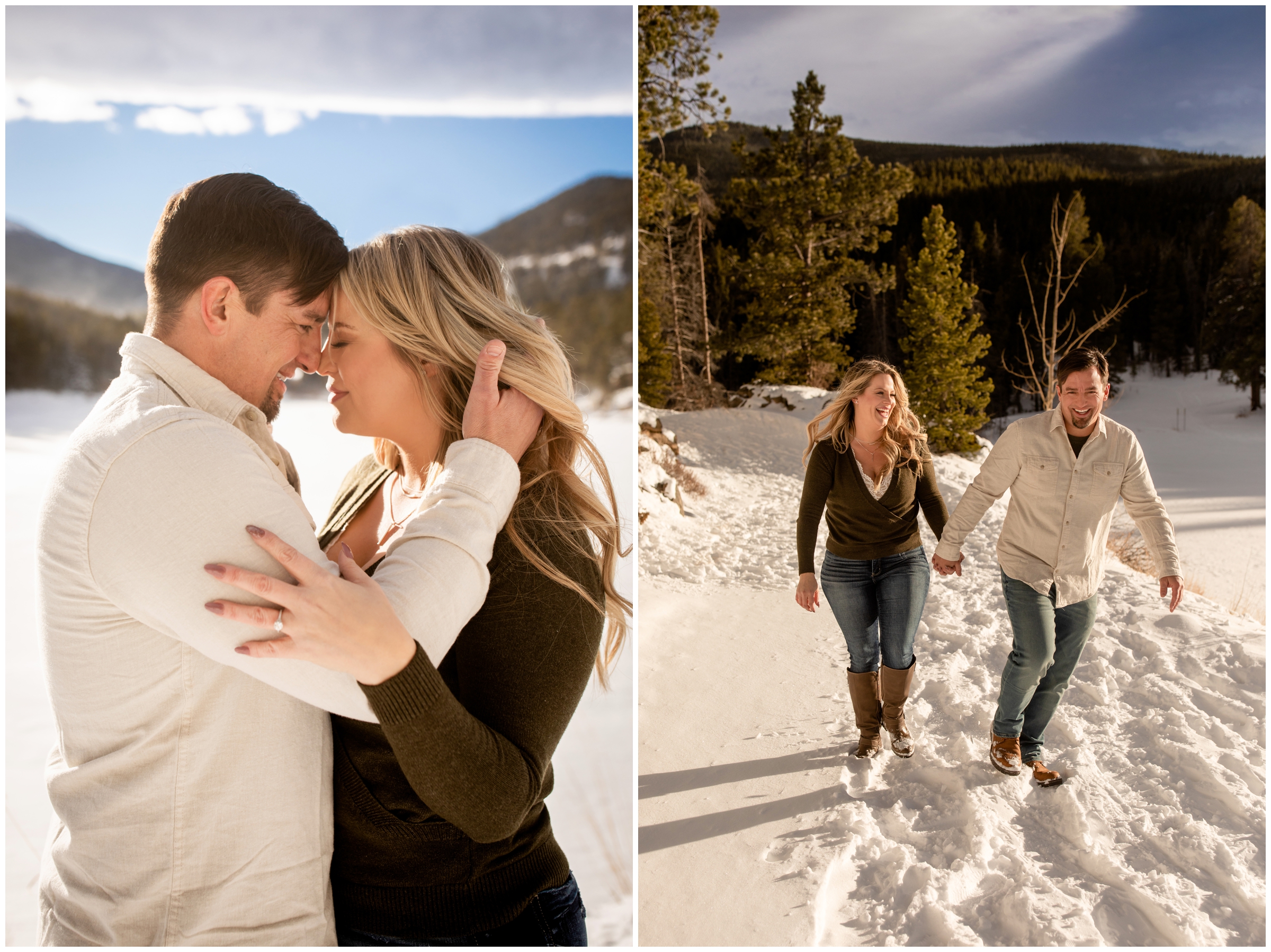 couple walking through the snow during winter engagement portraits in the Colorado mountains