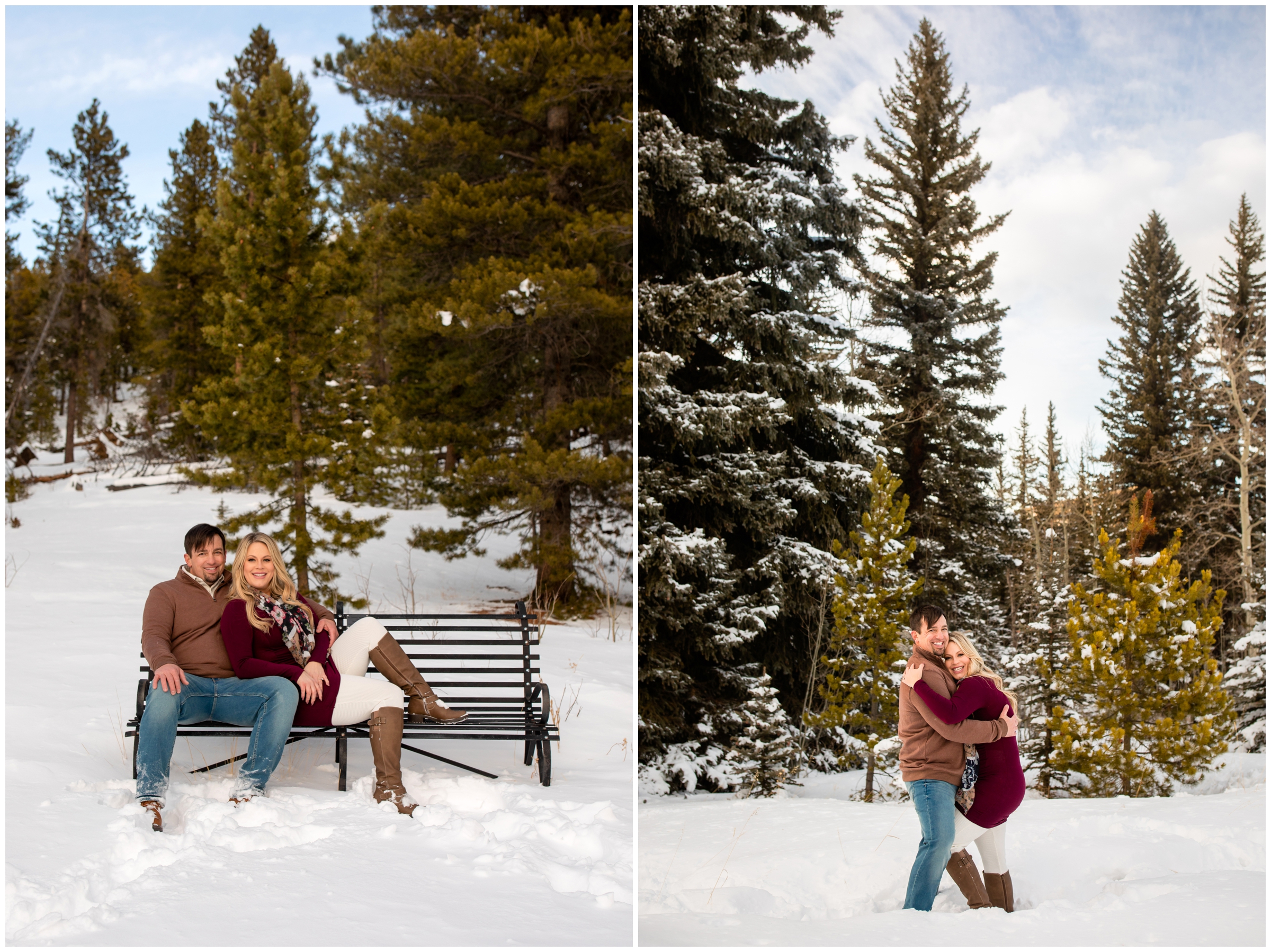 couple cuddling on a bench in a snowy park in the colorado mountains 