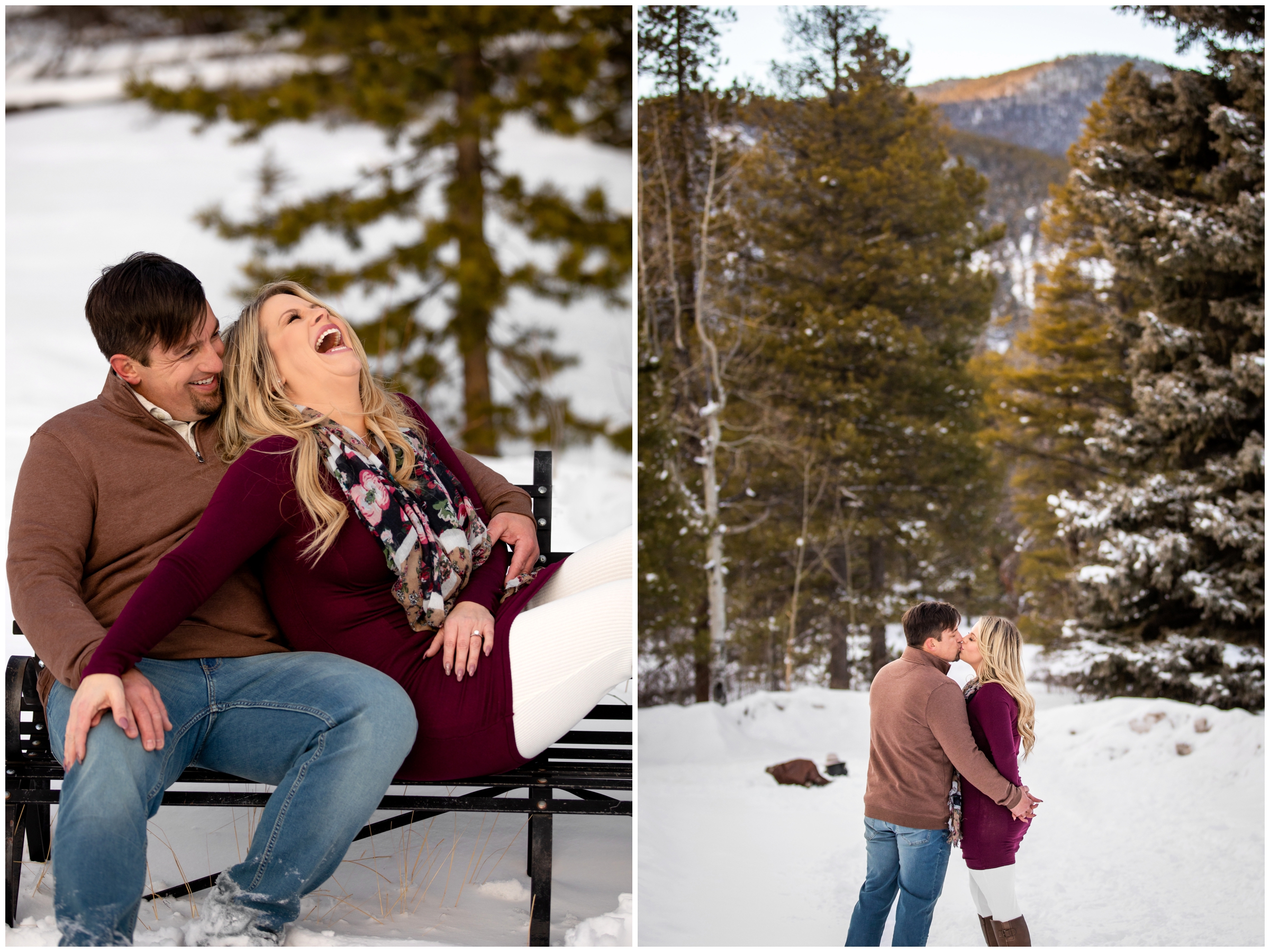 couple kissing in the snow with the mountains in background during Evergreen Colorado engagement pictures 