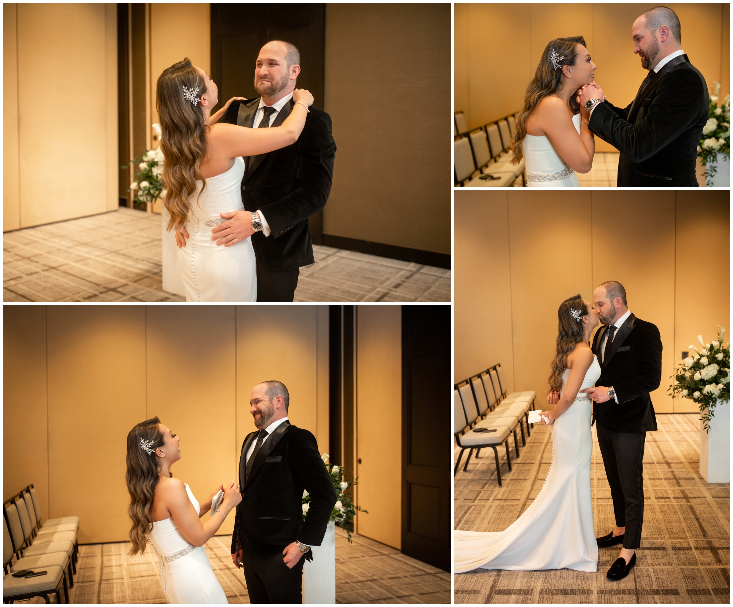 emotional first look during indoor black tie wedding in Cherry Creek Denver