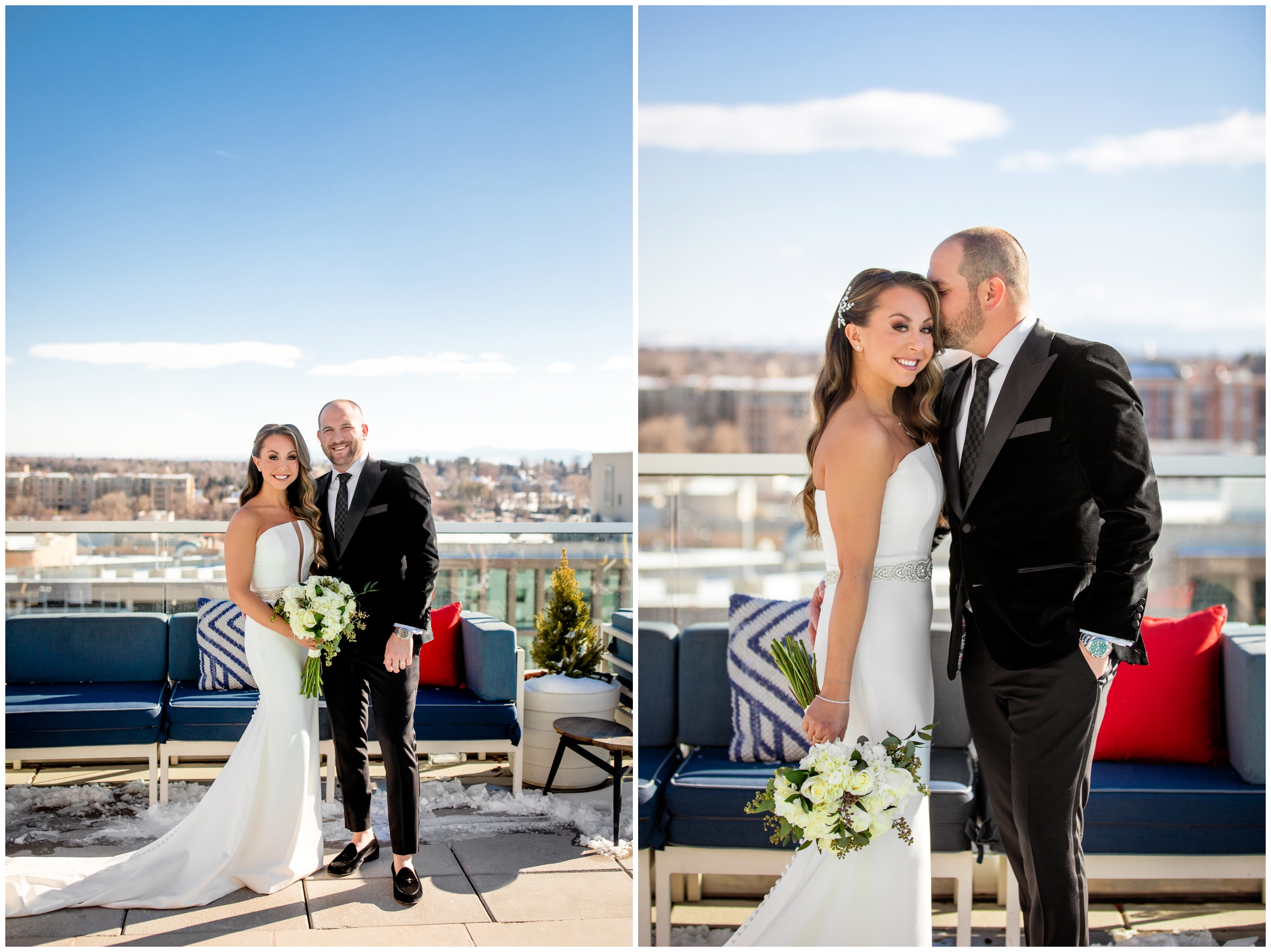 bride and groom posing on rooftop deck during Denver Colorado city wedding at the Halcyon Hotel Cherry Creek 