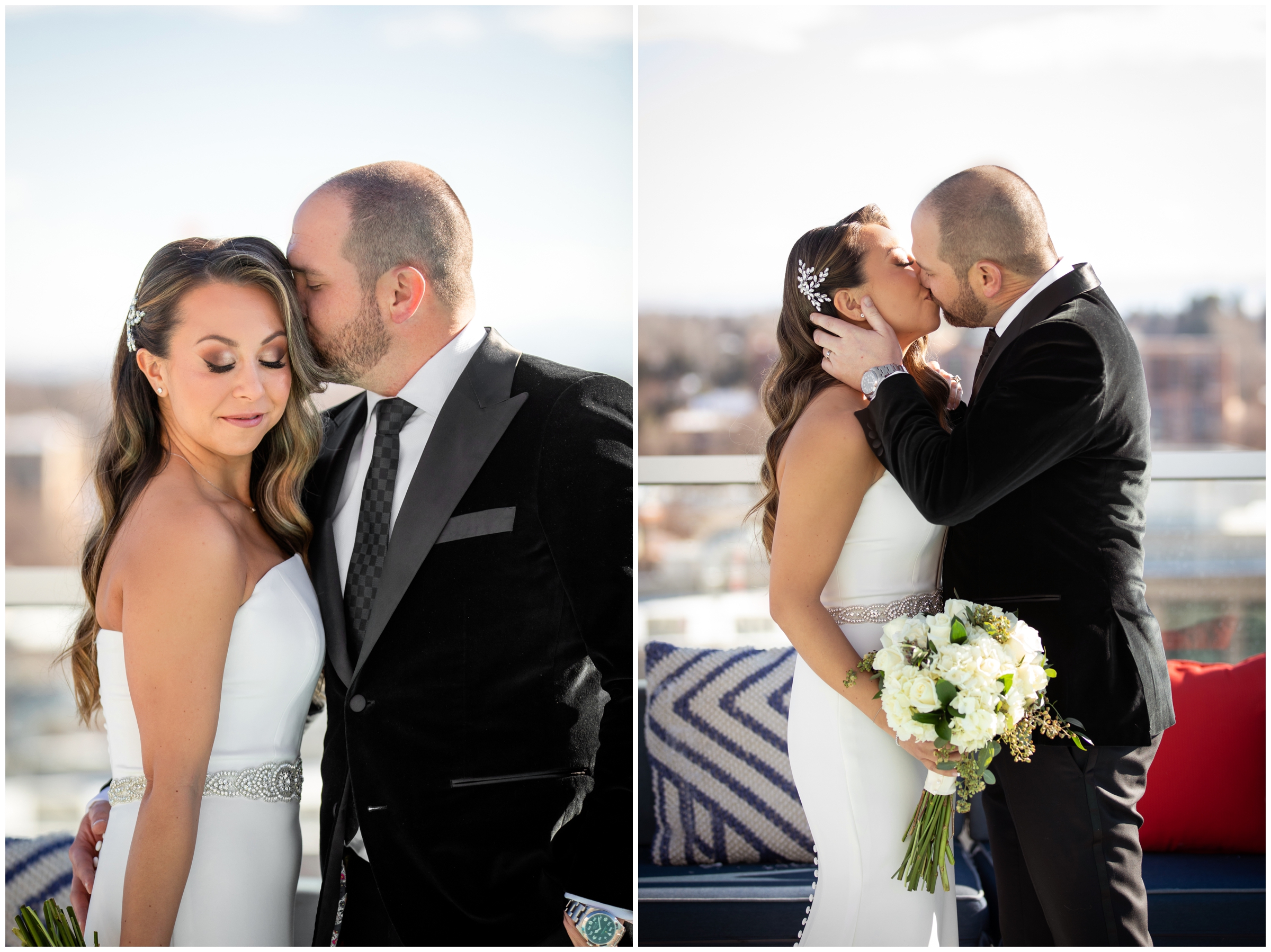 couple kissing on rooftop deck at Halcyon Denver wedding in Cherry Creek Colorado