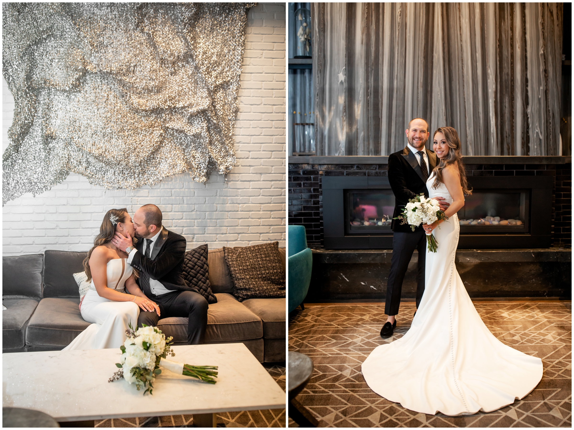 couple posing in front of modern fireplace in the lobby during Halcyon Cherry Creek Denver wedding photos