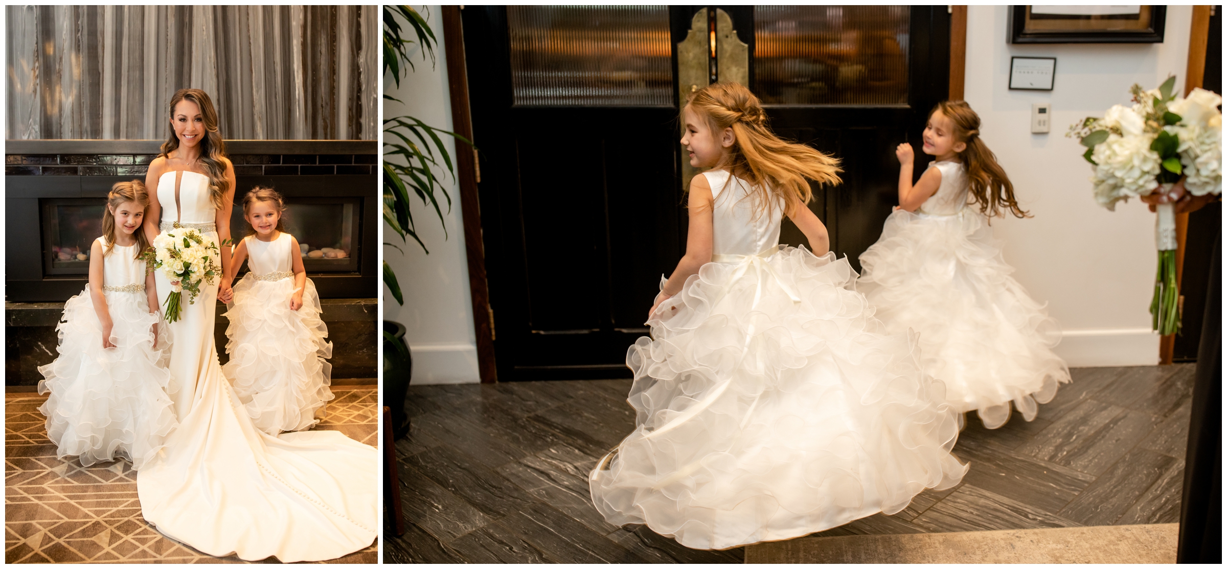 flower girls spinning in tulle dress during Cherry Creek Denver wedding photos