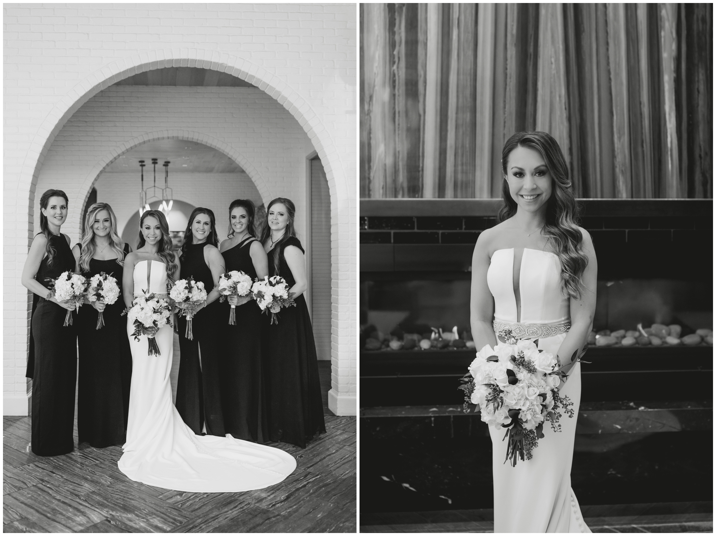 bride and bridesmaids posing under arch at the Halcyon Hotel in Cherry Creek Denver