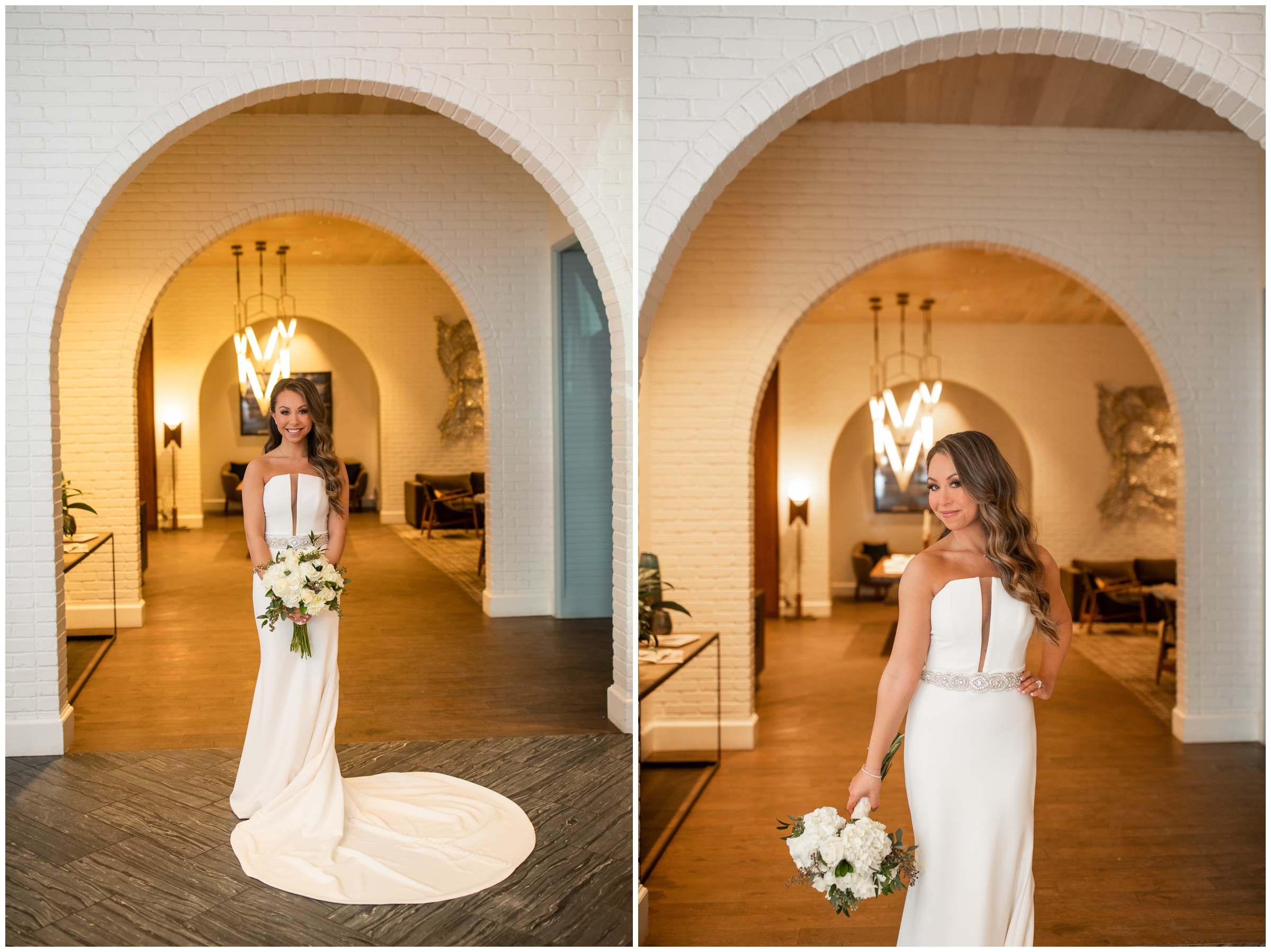 bride posing under arch during modern city wedding in Denver Colorado
