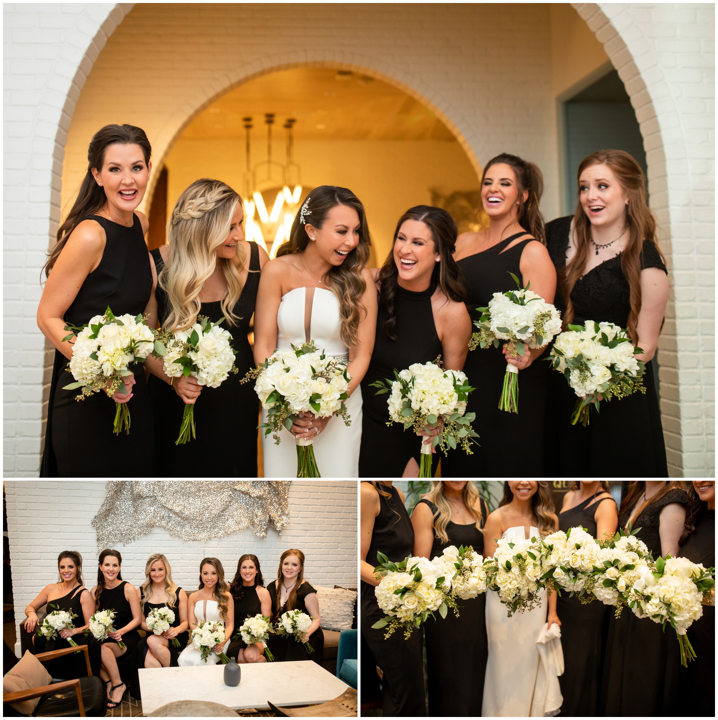 bridesmaids in black dresses with white bouquets at black tie Denver wedding 