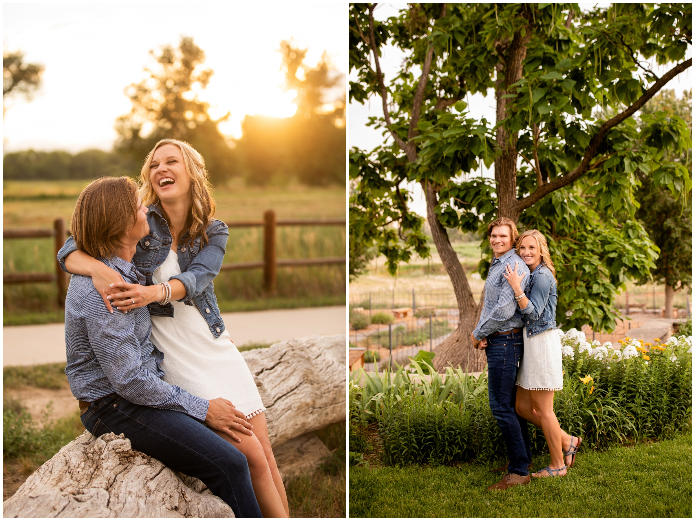 couple sitting on downed tree during engagement photography session in Longmont Colorado 