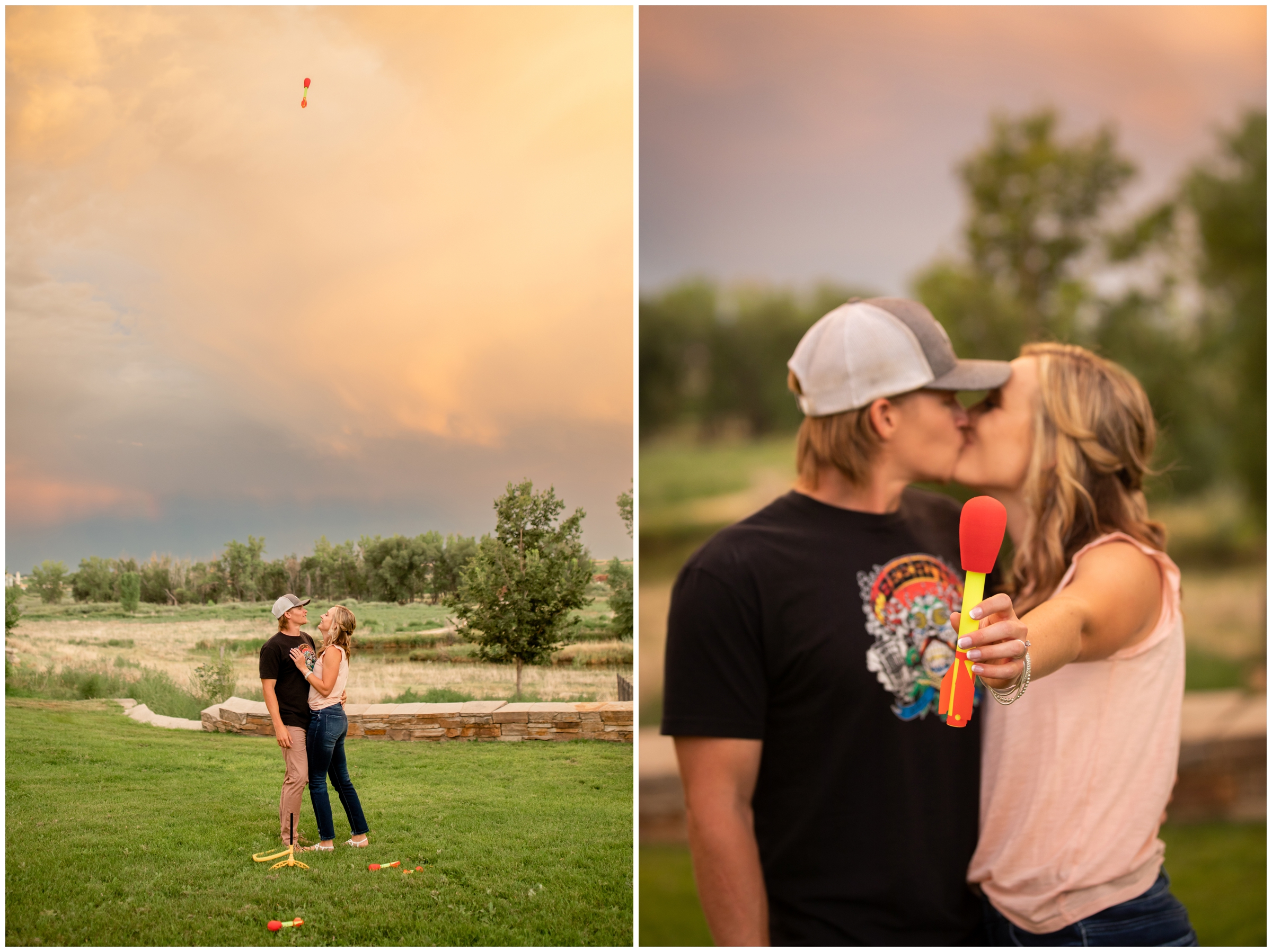 couple launching rockets during unique engagement pictures in Colorado 