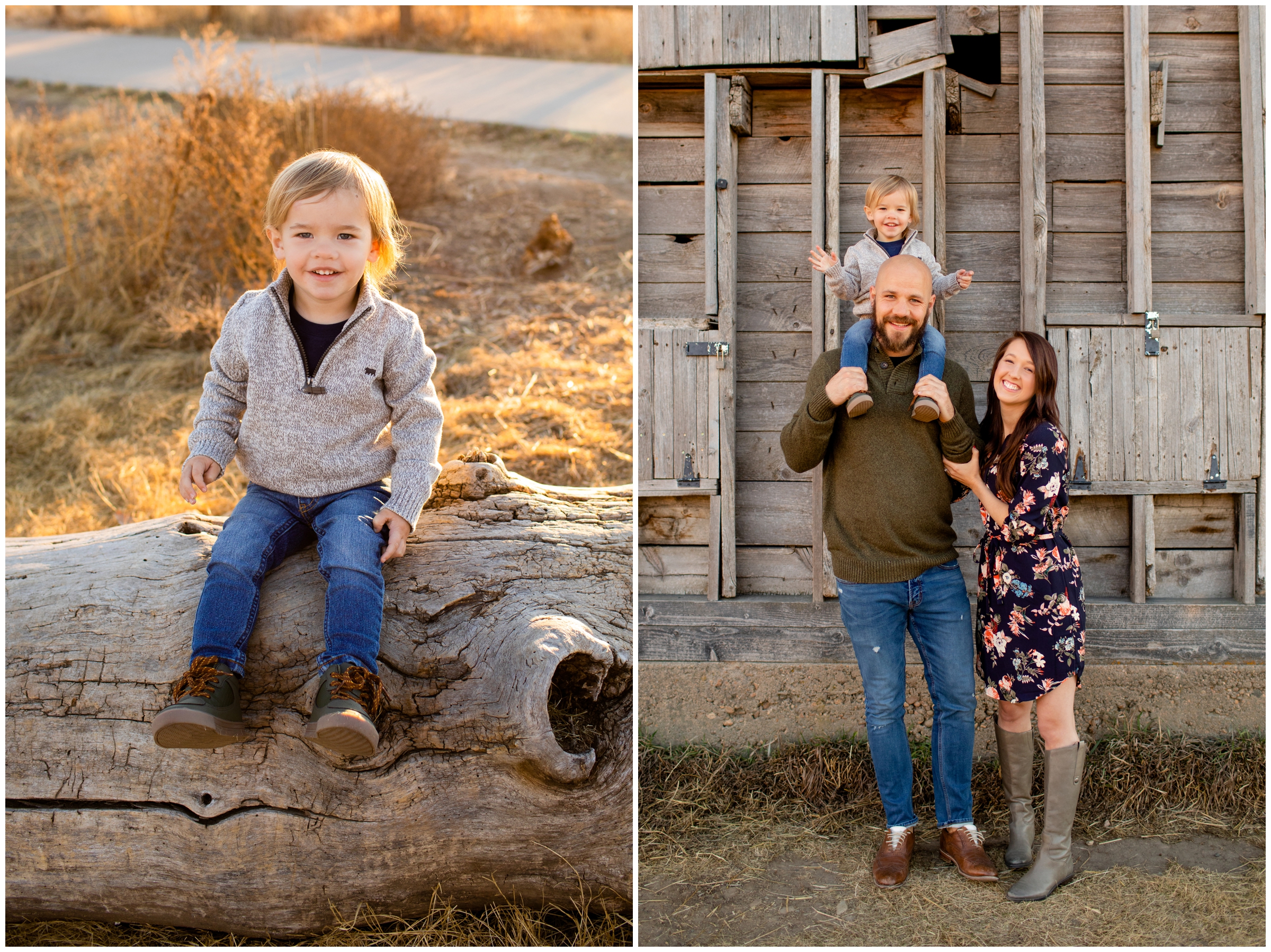 little boy on dad's shoulders during Longmont Colorado family pictures at Sandstone Ranch