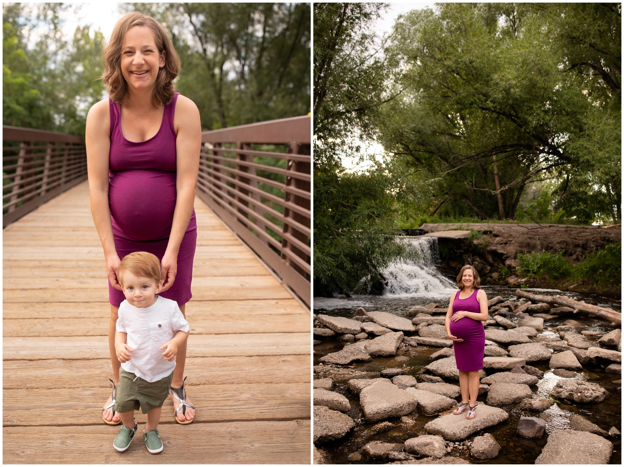 mom and son posing on a bridge during Longmont maternity portraits at golden ponds
