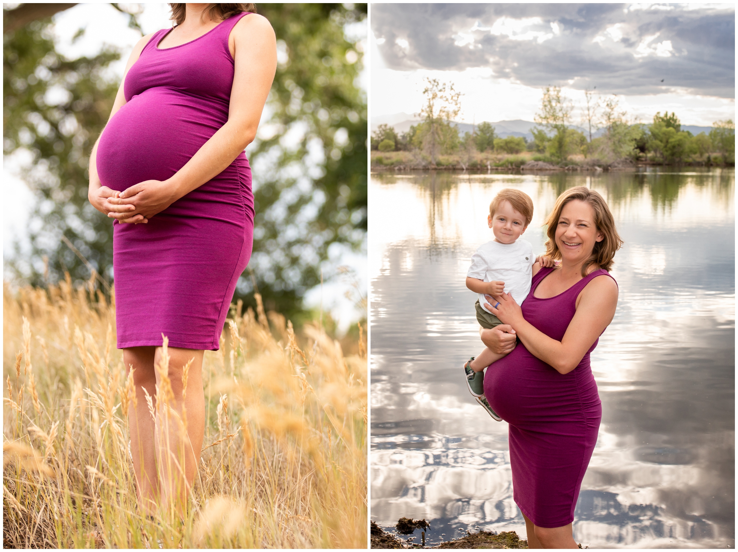 pregnant mom holding son next to a lake during Colorado family maternity pictures in Longmont 