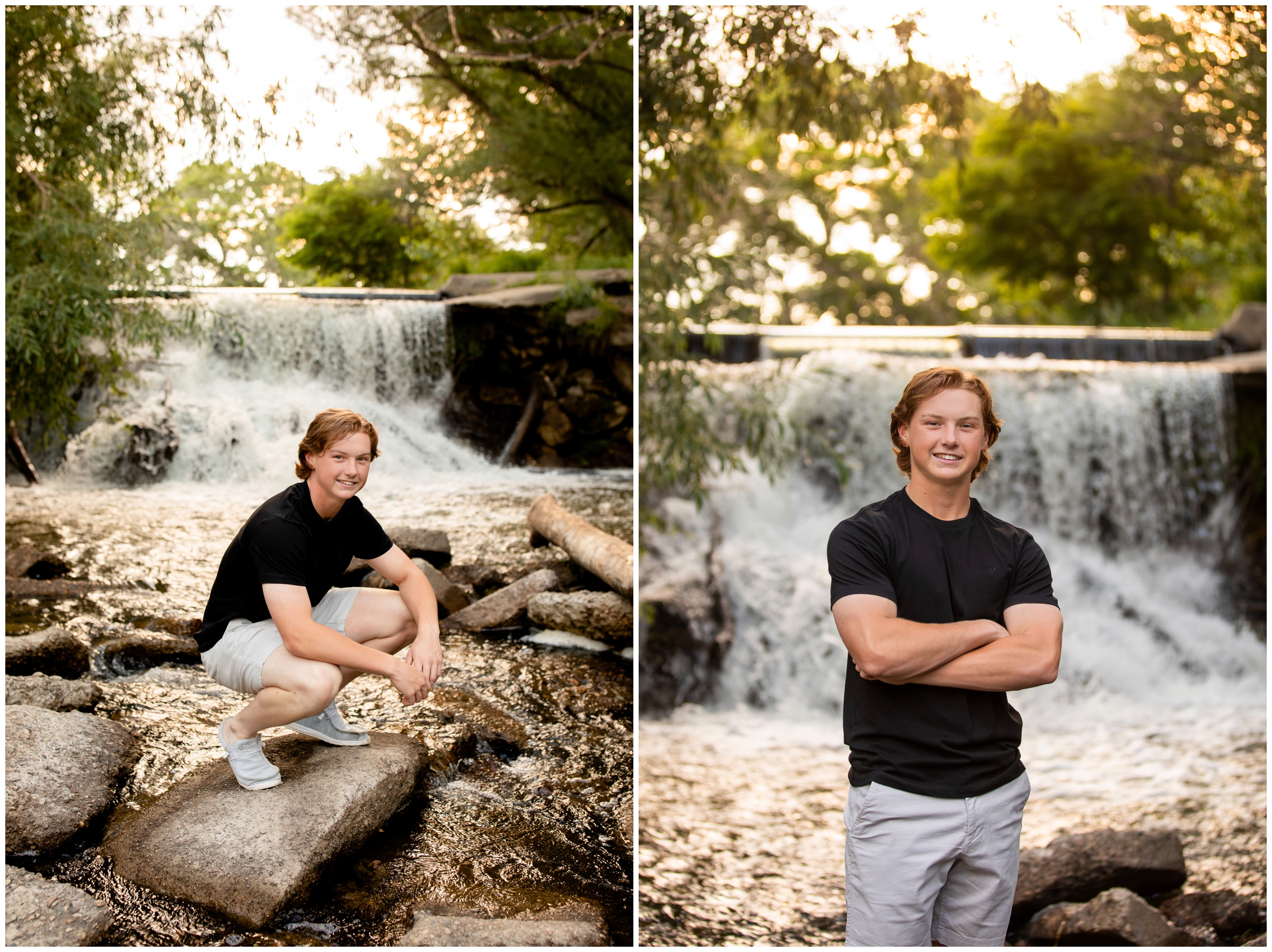 Longmont Colorado senior photography session at a waterfall at Golden Ponds by photographer Plum Pretty Photography