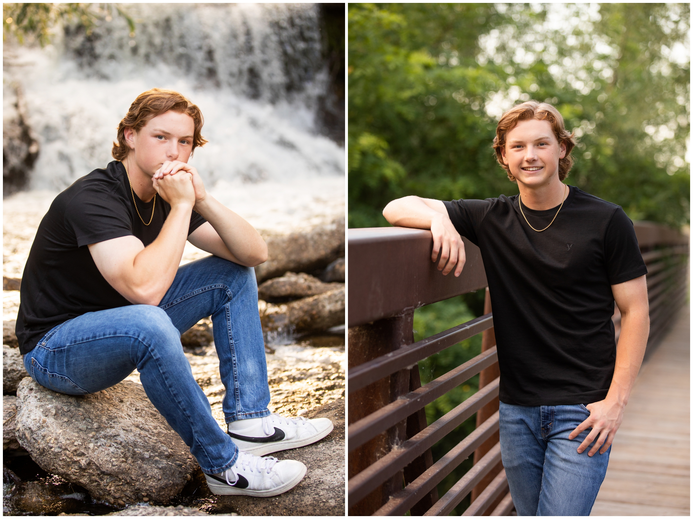 teen guy posing by waterfall at Golden Ponds during Longmont Colorado senior photography session by Plum Pretty Photos