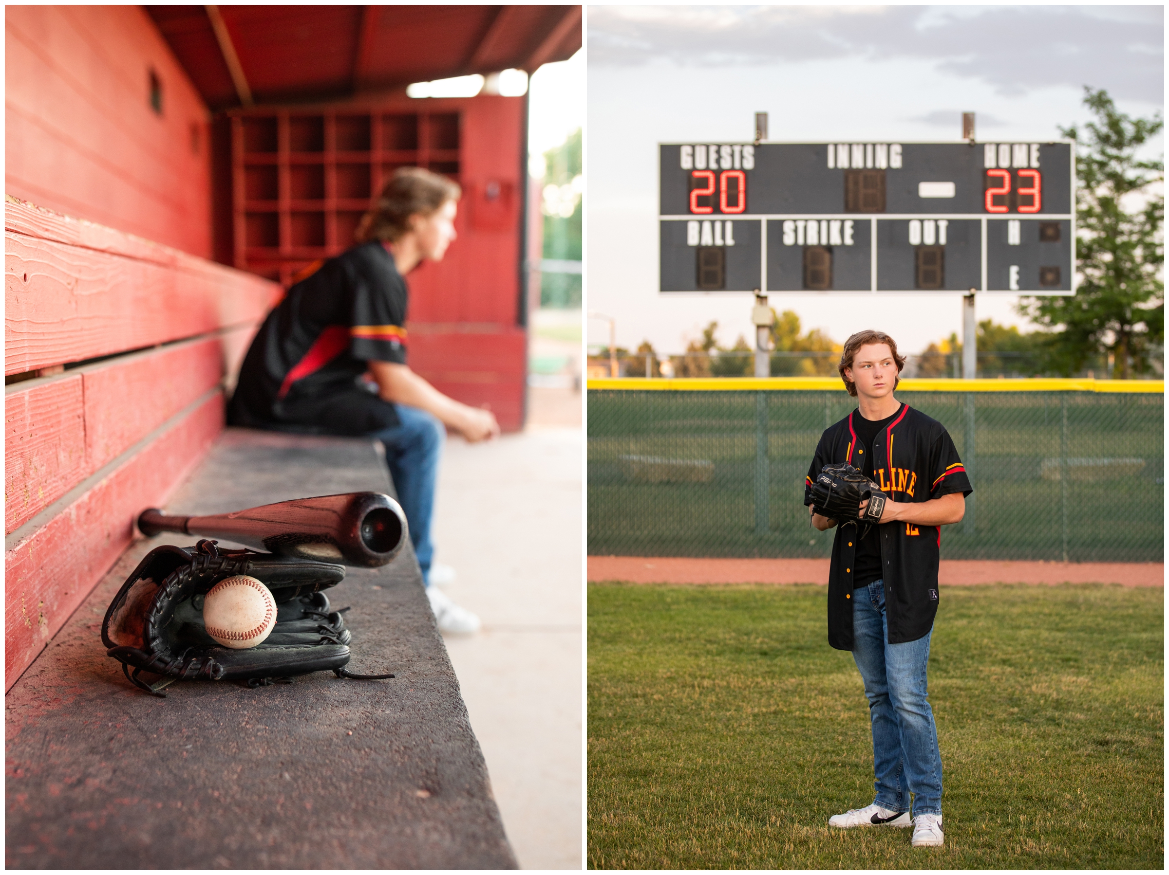 teen guy sitting in dugout during baseball senior portraits in Colorado