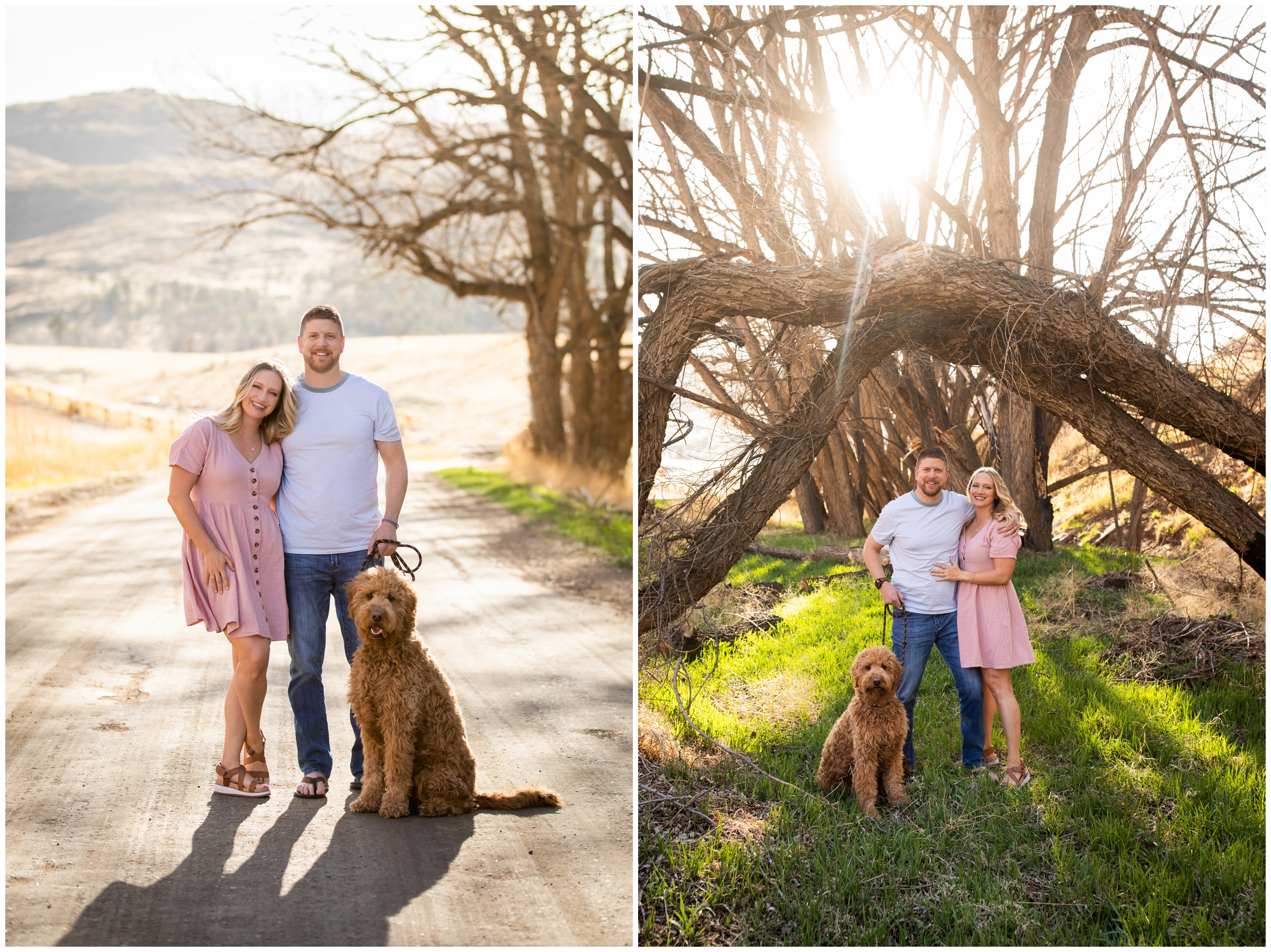 couple posing with their dog during Loveland Colorado couples portraits at Bobcat Ridge 