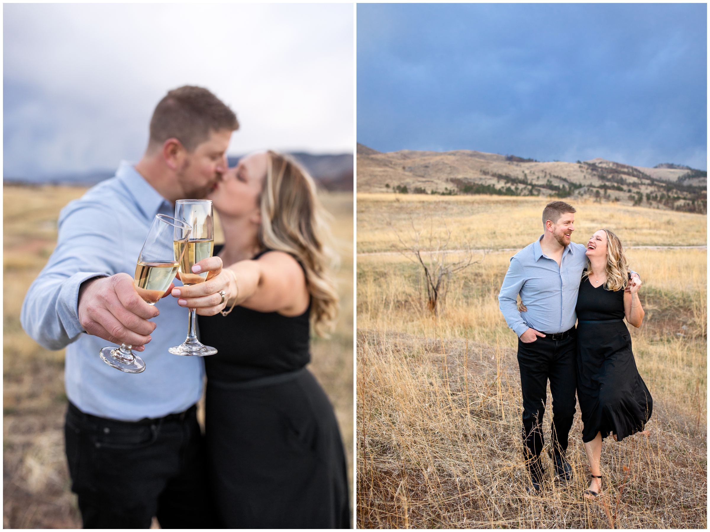 couple toasting champagne during Loveland Colorado anniversary couples portrait session 